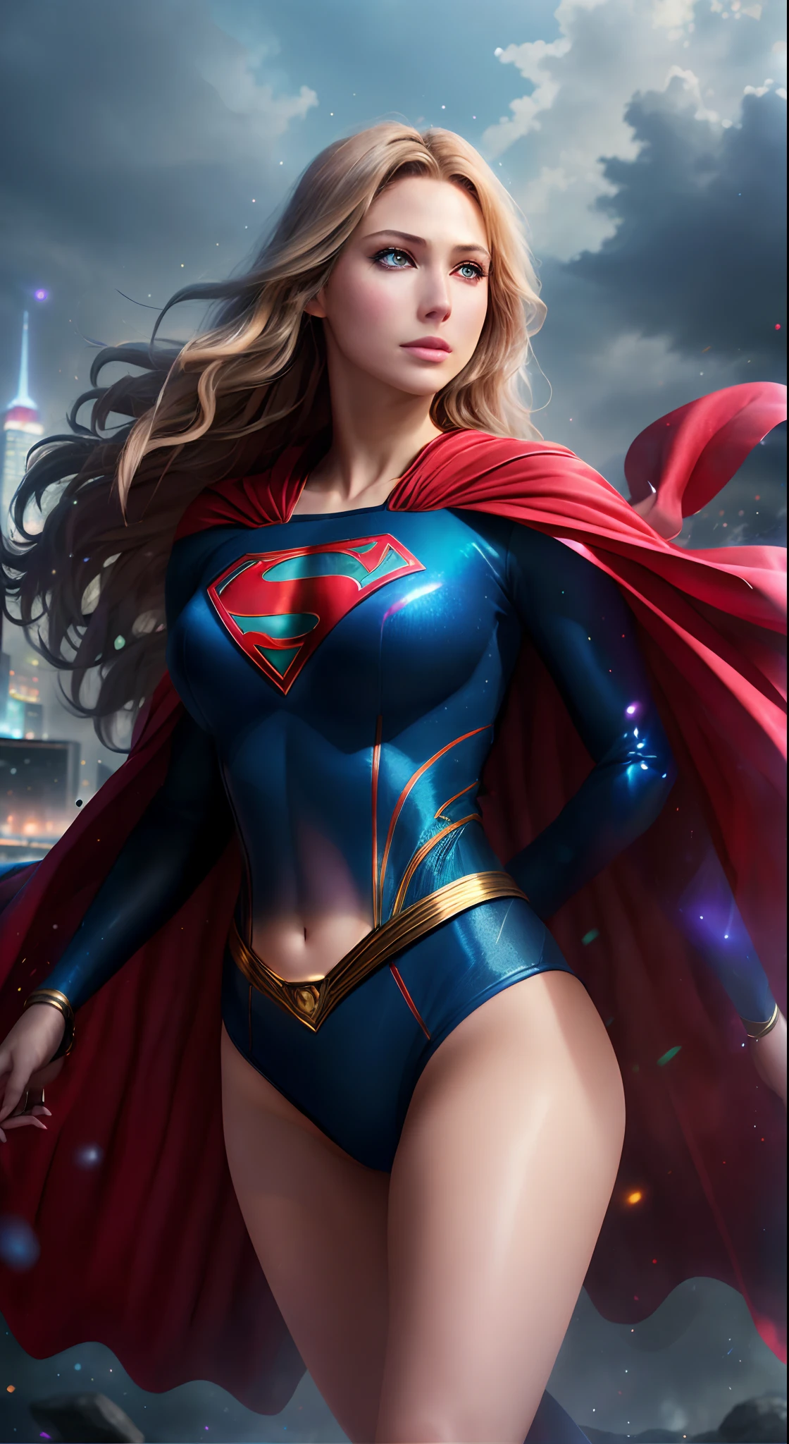 (best quality,4k,8k,highres,masterpiece:1.2),ultra-detailed,(realistic,photorealistic,photo-realistic:1.37),supergirl,anime,detailed,mysterious powers,colorful,bright lighting,ethereal atmosphere,vibrant colors,expressive eyes,flowing hair,strong and confident stance,magical aura,futuristic cityscape,neon lights,glowing symbols,laser beams,shimmering energy,transparent cape, long cape, split-second action,forceful movements,extraordinary strength,powerful energy blasts,speed lines,dynamic poses,cool costume design,sparkling particles,mystical background,transformation sequence