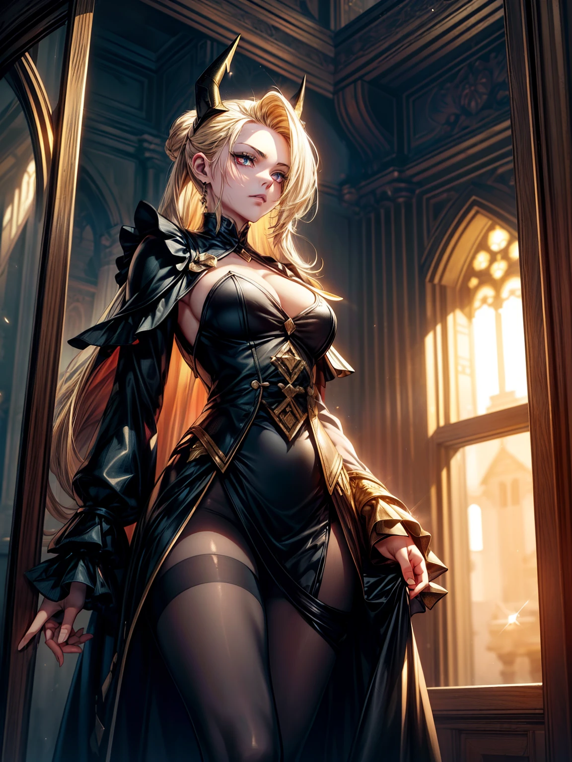 high contrast, (8K UHD:1.2), (photorealistic:1.2),(masterpiece:1.4), (best quality:1.4),extremely detailed wallpaper, highly detailed illustrations, (1 woman), (best lighting) , (super-complex details) , 4K unified, (super-detailed CG: 1.2) , (8K: 1.2),(original), (masterpiece) , (best quality),(Masterpiece:1.4),Anime-ish high quality,((standing in front of a window inside a castle in night)), beautiful light hues, golden horns,((Elfes ears)), golden hair, perfect hands, masterpiece, 40s, lights surrounding, glistening sparks, beautiful,((sparkling glowing red eyes)), radiant, innocent beauty, attention to details,long hair,Angry,black and yellow short dress,cape,hair over one eye,pantyhose