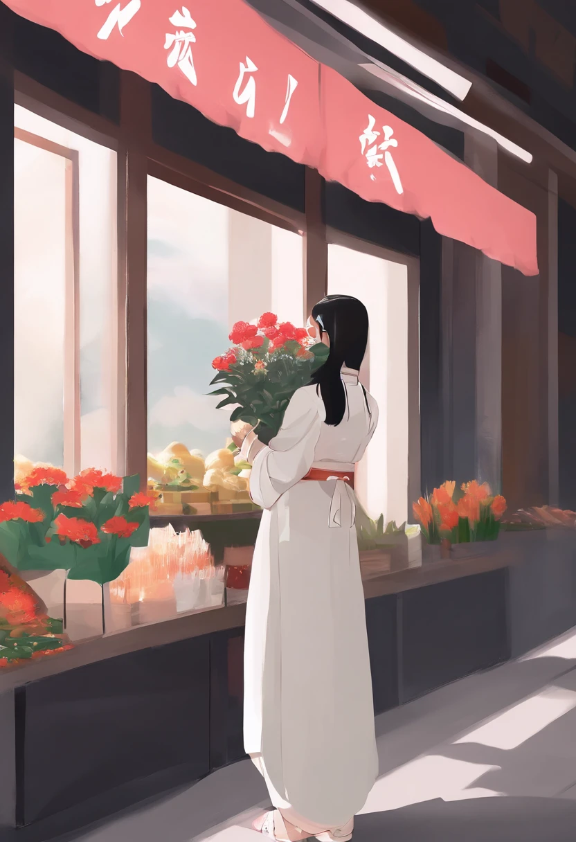 Girl in Hanfu，holds a bouquet of flowers，Be in a crowded market，Girl standing in front of a flower shop