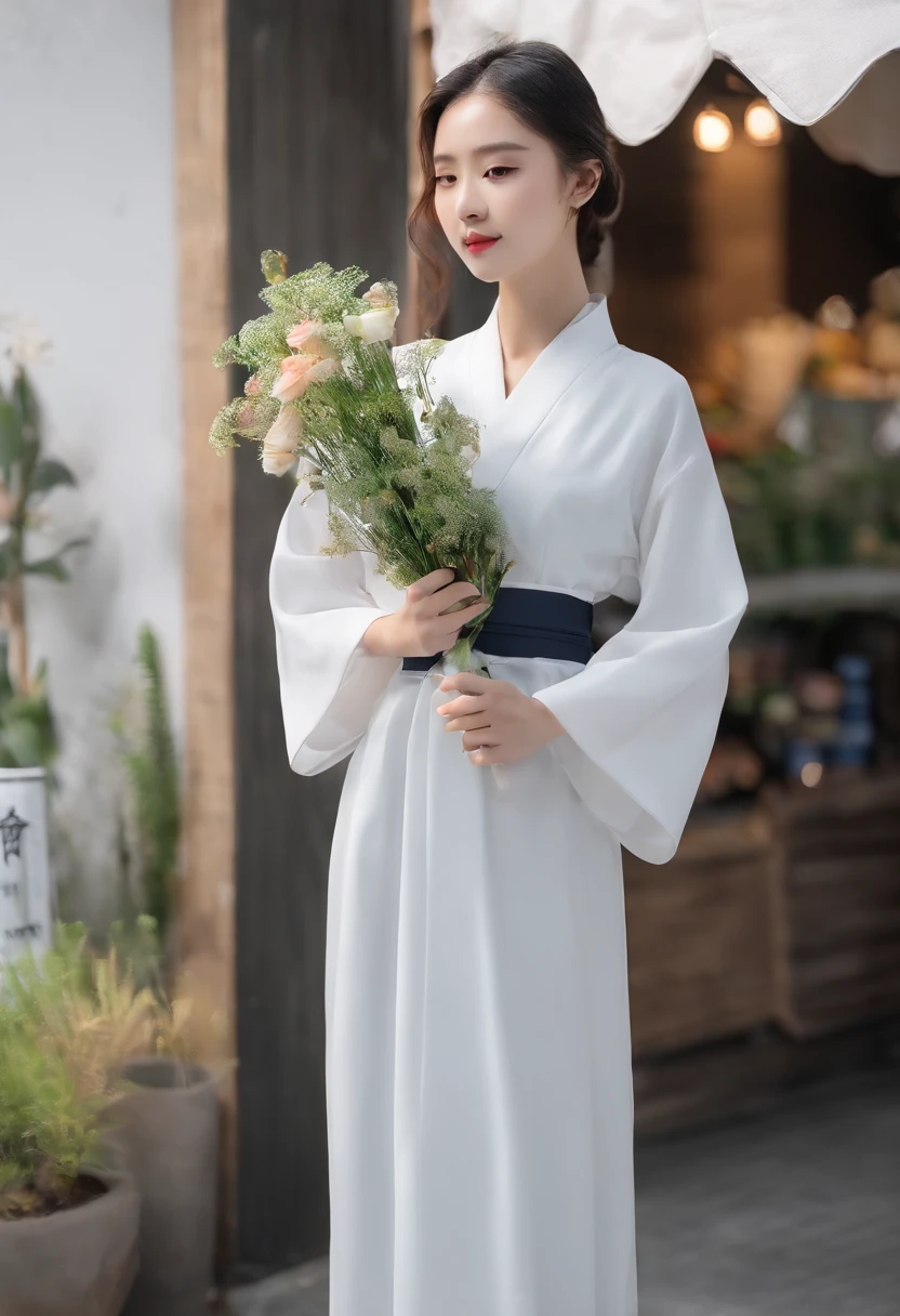 Girl in Hanfu，holds a bouquet of flowers，Be in a crowded market，Girl standing in front of a flower shop