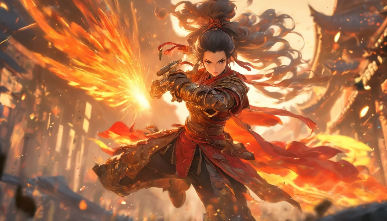 中景 the scene is,Chinese ink style,Smudge,Female general,Wielding an oversized pistol,Dark,Flowing and chic,Ancient armor,Combat boots,(Full body like:1.5),Chang'an Avenue,ventania,8K,((super-fine)),Hyper-realistic,(((OC renderer)))