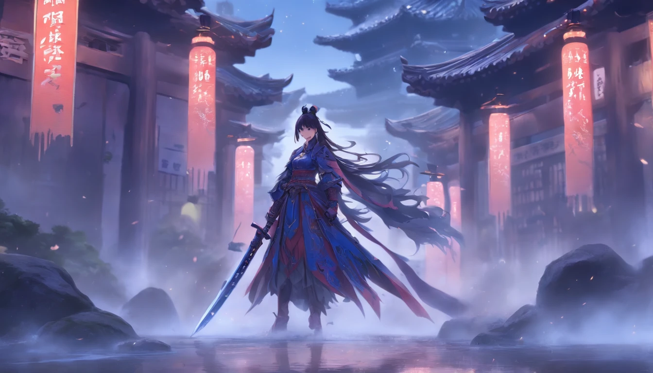 中景 the scene is,Chinese ink style,Smudge,Female general,Wielding an oversized combat knife was a tall man,Dark,Flowing and chic,Ancient armor,Combat boots,(Full body like:1.5),Chang'an Avenue,ventania,8K,((super-fine)),Hyper-realistic,(((OC renderer)))