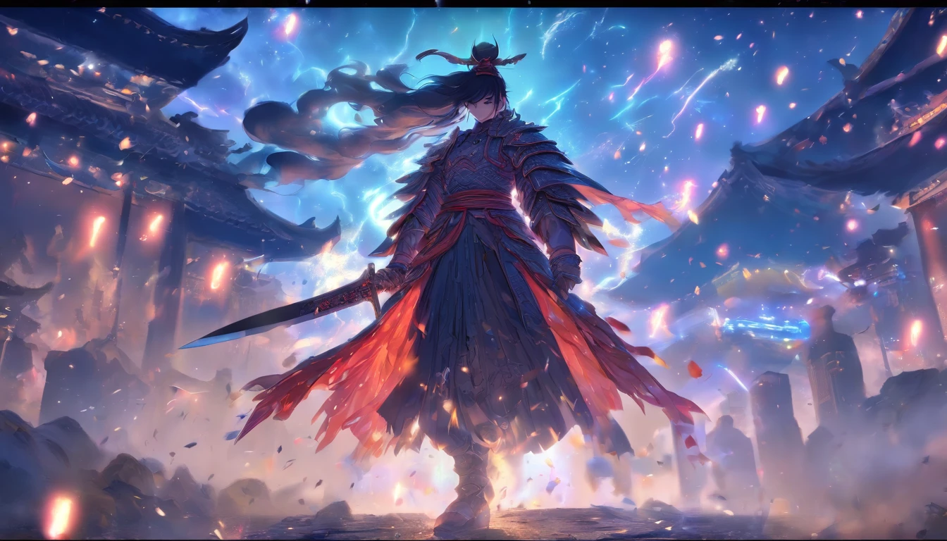 中景 the scene is,Chinese ink style,Smudge,Female general,Wielding an oversized combat knife was a tall man,Dark,Flowing and chic,Ancient armor,Combat boots,(Full body like:1.5),Chang'an Avenue,ventania,8K,((super-fine)),Hyper-realistic,(((OC renderer)))