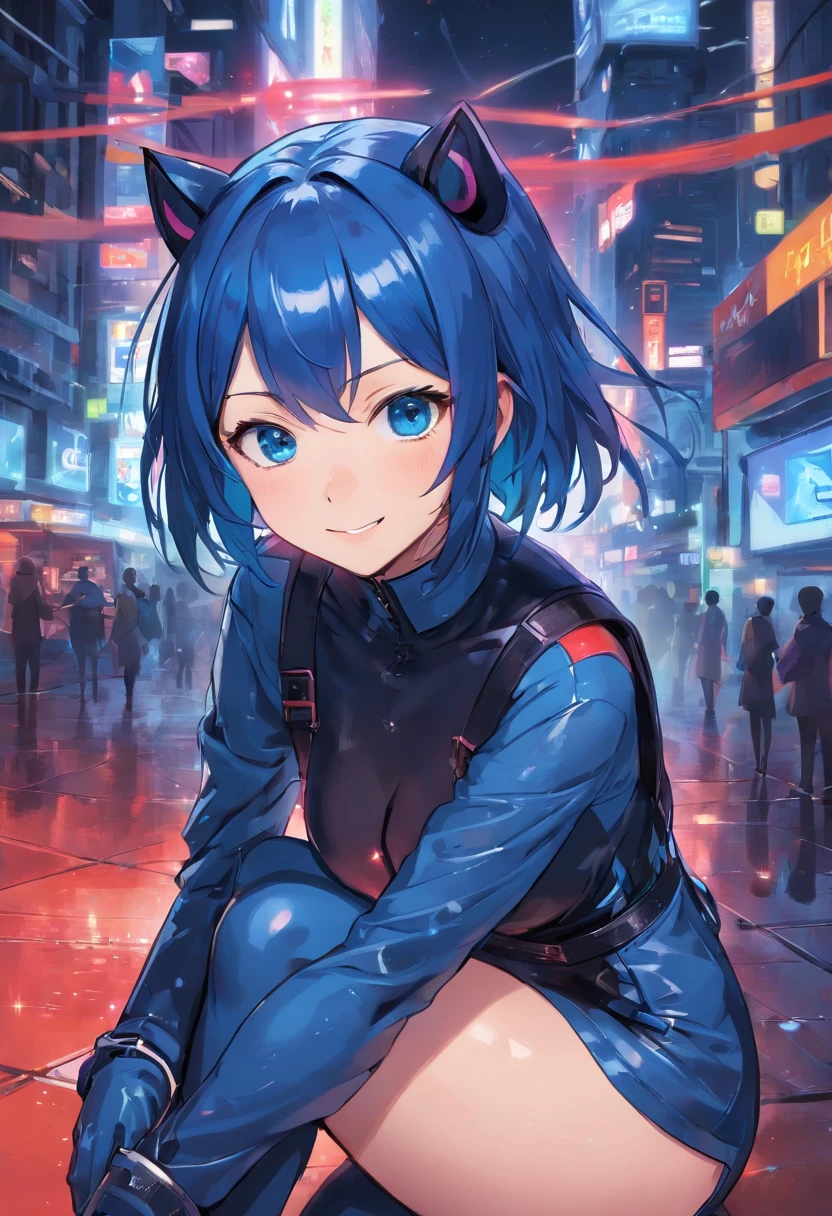 1girll， Solo， Auf den Beinen stehen， Haarschmuck， blaue Augen，， Mechanische Teile， Elektrische Leitungen， Elektrische Kabel， Versagenseffekt， terroristisch， Sci-Fi， Ein futuristisches， Hintergrund innen dunkel， Neonlicht， Cyber Punk Perssonage， hyper realisitc， unheimlich， nervenaufreibend， schaurig， terroristisch， Strampler，blaue Augen，Besessenheit von Gift，blackened，lange blaue Handschuhe，Overalls，Thin one-piece latex clothing，Highlight her gorgeous figure,Wrap the whole body，Symbiont，（（Sexy erzogen）），Strampler，blaue Augen，Besessenheit von Gift，blackened，lange blaue Handschuhe，Overalls，Schwarze Latexkleidung，blaue Augen，best quality, high resolution, Ultra-detailliert, Lebendige Textur, Maske, Thin one-piece latex clothing, Pony, blaues Haar，Socken tragen，blackened，Shrouded in black slime,ein trauriger Gesichtsausdruck,Verabschieden Sie sich vom Blick，roter Mantel,lange Wimper, Solide Kreisaugen, easy smile, Ohren-Rouge, dunkelblaues Haar, Haare zwischen den Augen, kurzes Haar,, crazy eyes,, crazy smile, sad smile, evil smile, crazy, Jitome, beschattet, Yandere, Kinngriff, Verachtung, dear crazy smile,sweet