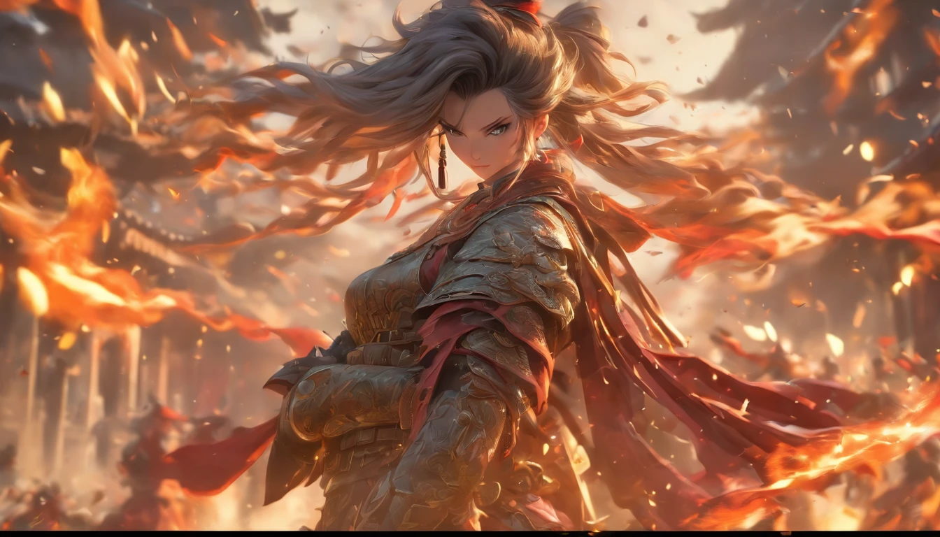 中景 the scene is,Chinese ink style,Smudge,Female general,Wielding an oversized pistol,Dark,Flowing and chic,Ancient armor,Combat boots,(Full body like:1.5),Chang'an Avenue,ventania,8K,((super-fine)),Hyper-realistic,(((OC renderer)))