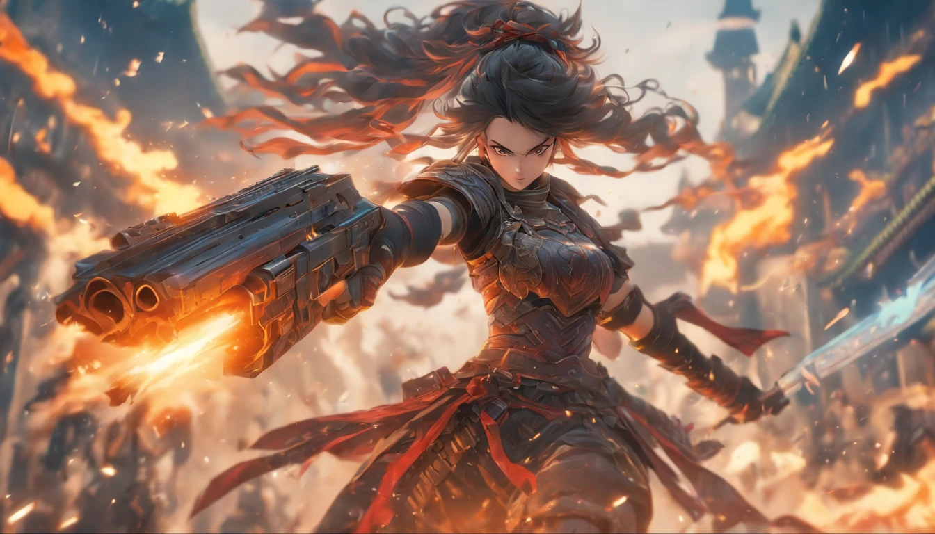 中景 the scene is,Chinese ink style,Smudge,Female general,Wielding an oversized pistol,Dark,Flowing and chic,Ancient armor,Combat boots,(Full body like:1.5),Chang'an Avenue,ventania,8K,((super-fine)),Hyper-realistic,(((OC renderer)))