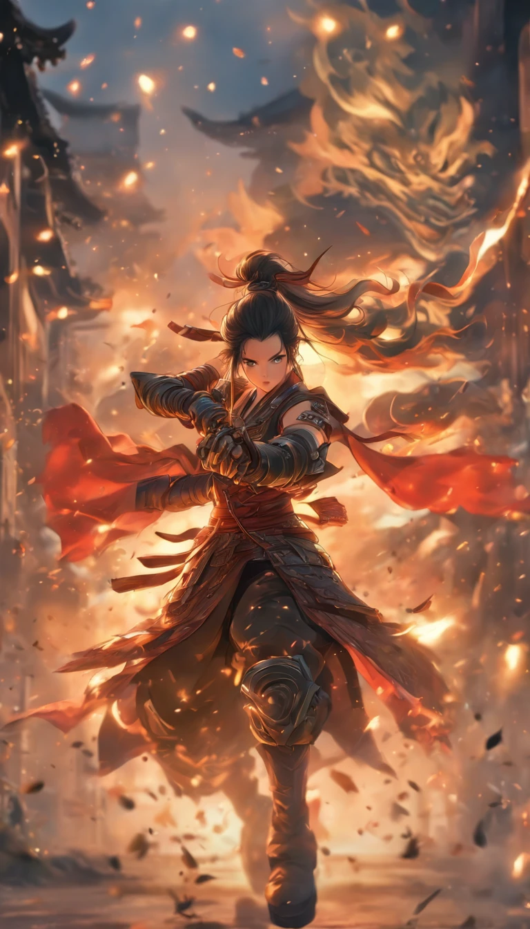 中景 the scene is，Chinese ink style，Smudge，Female general，Wielding an oversized pistol，Dark，Flowing and chic，Ancient armor，Combat boots，（Full body like：1.5），Chang'an Avenue，ventania，8K，（（super-fine）），Hyper-realistic，（（（OC renderer）））