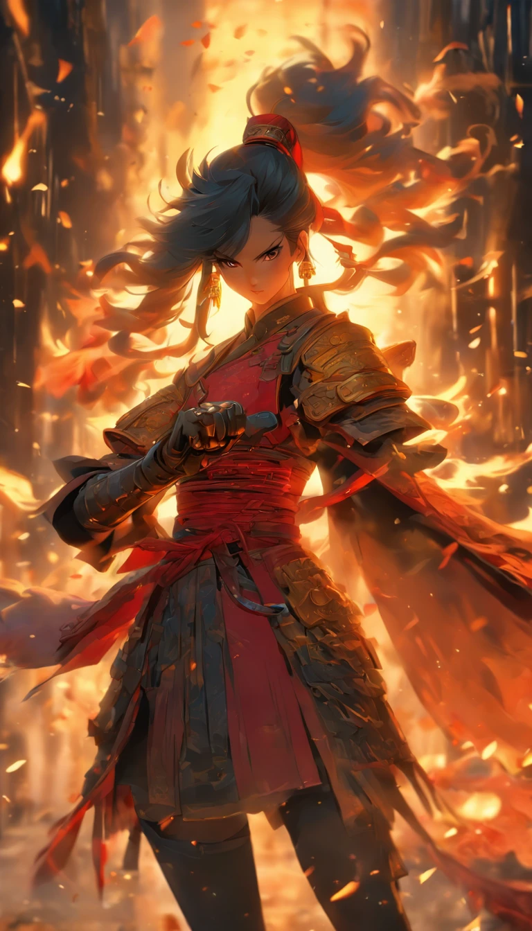 中景 the scene is,Chinese ink style,Smudge,Female general,Wielding an oversized pistol,Dark,Flowing and chic,Ancient armor,Combat boots,(Full body like:1.5),Chang'an Avenue,ventania,8K,((super-fine)),Hyper-realistic,(((OC renderer)))