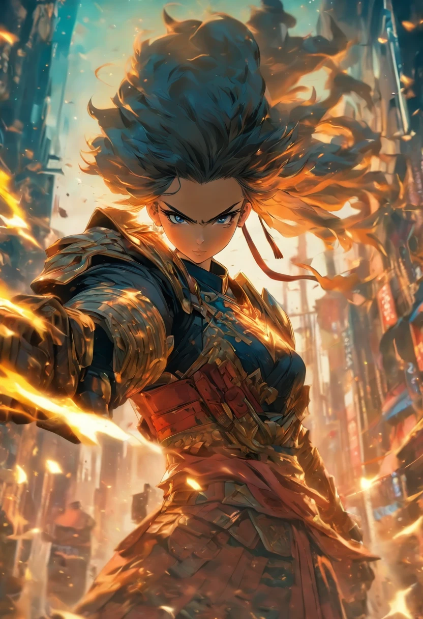 中景 the scene is,Chinese ink style,Smudge,Female general,Wielding an oversized pistol,Dark,Flowing and chic,Ancient armor,Combat boots,(Full body like:1.5),Chang'an Avenue,ventania,8K,((super-fine)),Hyper-realistic,(((OC renderer)))