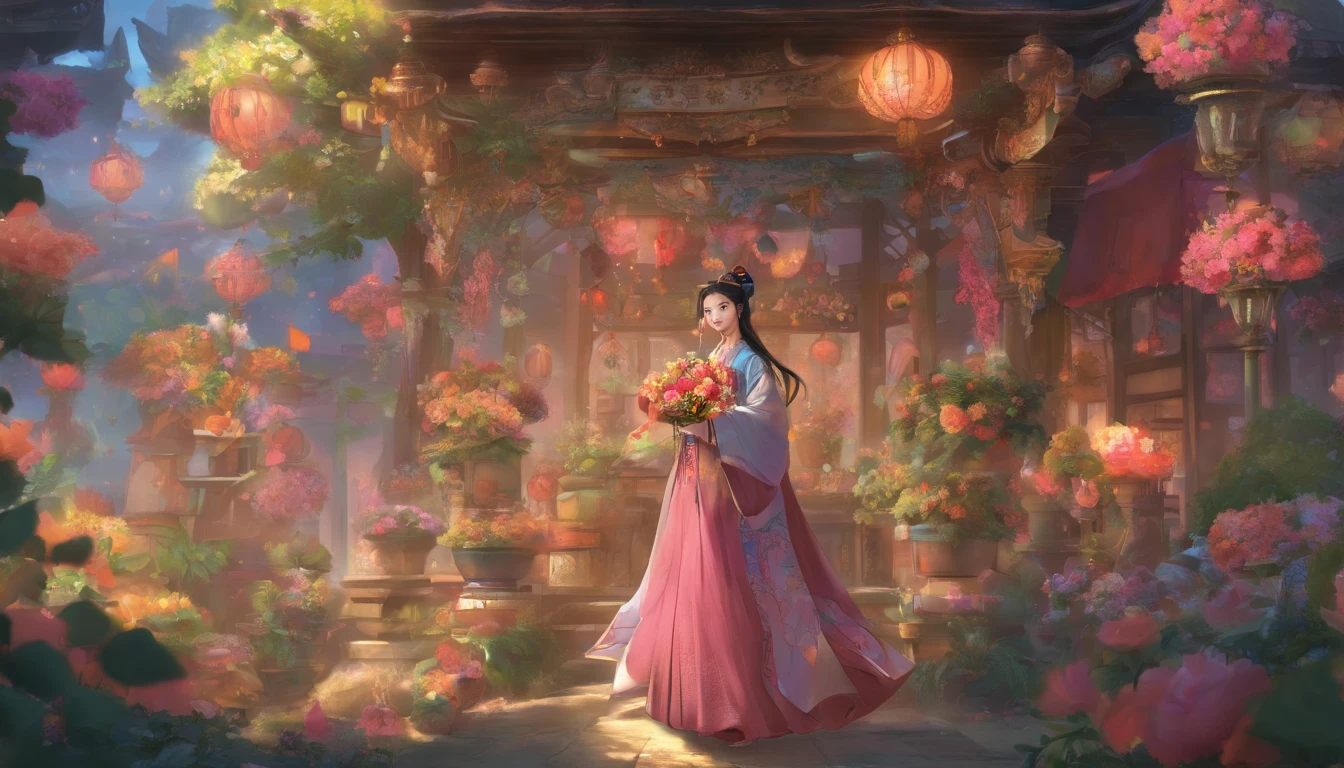 Girl in Hanfu,holds a bouquet of flowers,Be in a crowded market,Girl standing in front of a flower shop