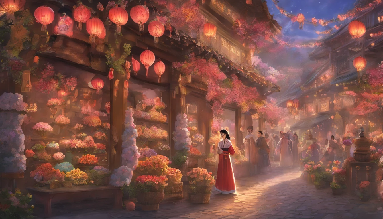 Girl in Hanfu,holds a bouquet of flowers,Be in a crowded market,Girl standing in front of a flower shop
