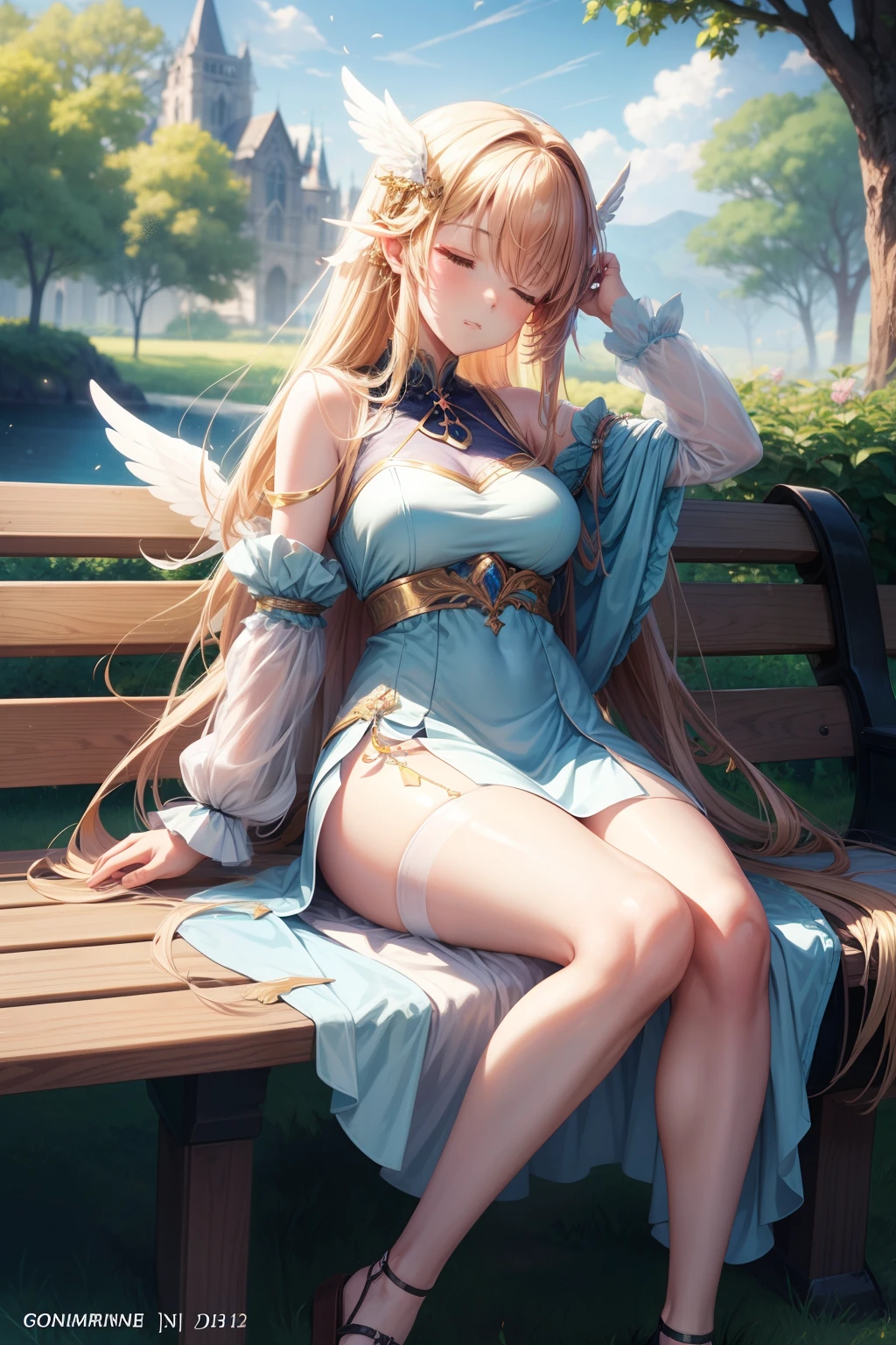 There is a woman sitting on a bench with wings on her head,Sleeping with closed eyes、 beautiful alluring anime woman, Beautiful anime girl, Seductive Anime Girl, anime goddess, Trending on CGSTATION, Beautiful Angel, artwork in the style of guweiz, guweiz, full - body majestic angel, Cute anime waifu in a nice dress, beautiful anime woman, charming anime girls,Angel's Rest