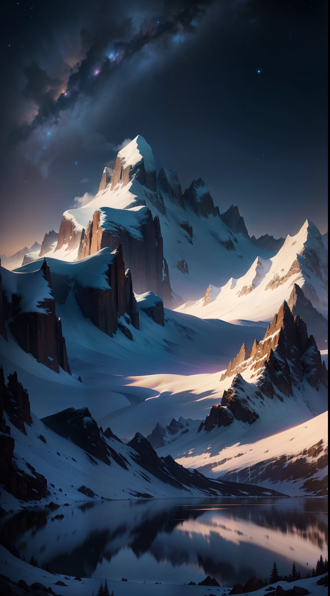 Starry sky with snow-capped mountains and a lake, Jessica Rossier, Inspired by Jessica Rossier, serene infinity stars inspired by Ted Nasmith, Starry environments in the moonlight. HDR, photo realist, 16K, highly quality,