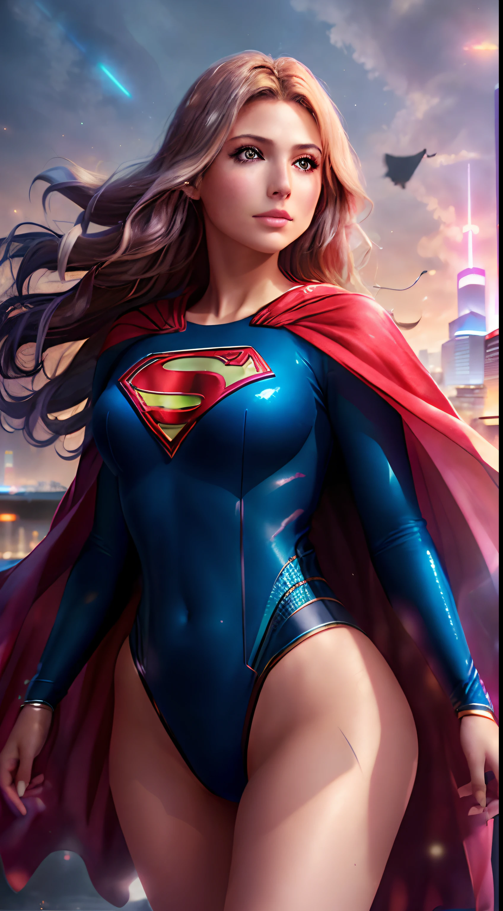 (best quality,4k,8k,highres,masterpiece:1.2),ultra-detailed,(realistic,photorealistic,photo-realistic:1.37),supergirl,anime,detailed,mysterious powers,colorful,bright lighting,ethereal atmosphere,vibrant colors,expressive eyes,flowing hair,strong and confident stance,magical aura,futuristic cityscape,neon lights,glowing symbols,laser beams,shimmering energy,transparent cape, long cape