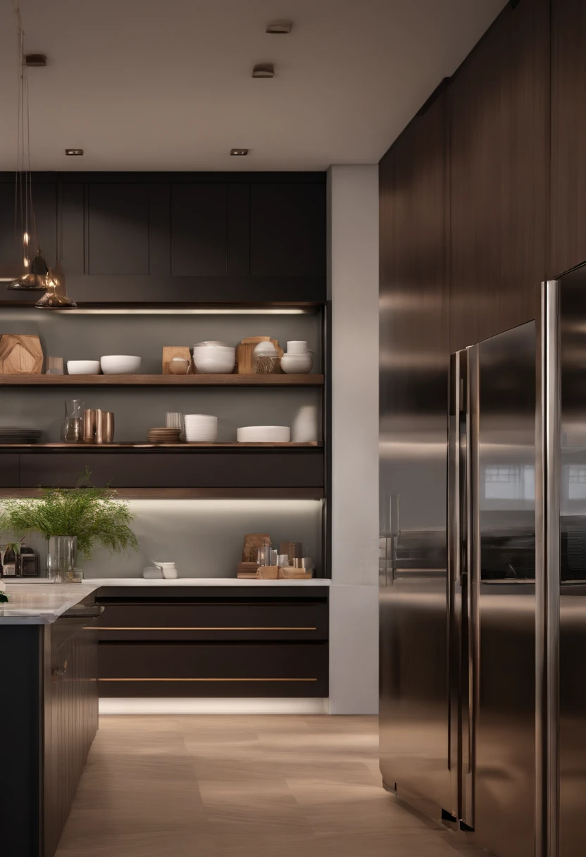 modern kitchen,Gorgeous renovation,Refrigerator,cupboard,Wide scene,in a panoramic view,from outside, UHD, high details