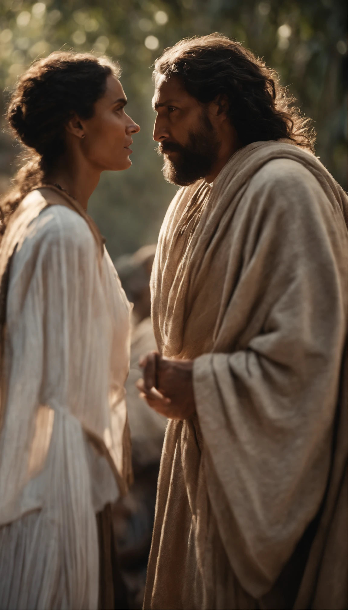 uma mulher judia, no tempo de Jesus, conversando com um homem fariseu, He's looking angry