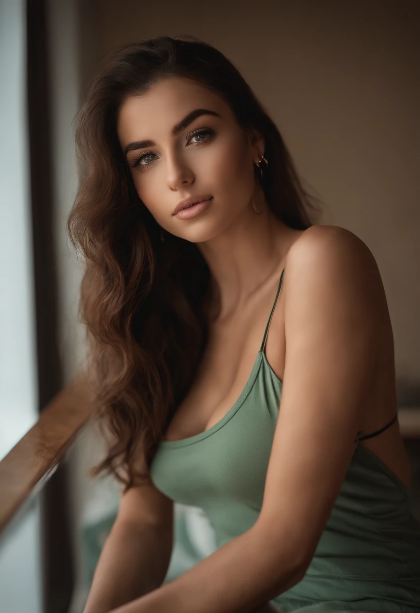 arafed woman with a white tank top and a necklace, sexy girl with green eyes, portrait sophie mudd, brown hair and large eyes, selfie of a young woman, bedroom eyes, violet myers, without makeup, natural makeup, looking directly at the camera, face with artgram, subtle makeup, stunning full body shot, piercing green eyes, arafed woman with tattoos on her body sitting on the beach, instagram model, violet myers, profile image, posing on a beach with the ocean, sexy girl, 20-year-old woman from cuba, alana fletcher, bikini model, posing on the beach, alexa65, alexa 65, profile pic, gorgeous woman, demi rose