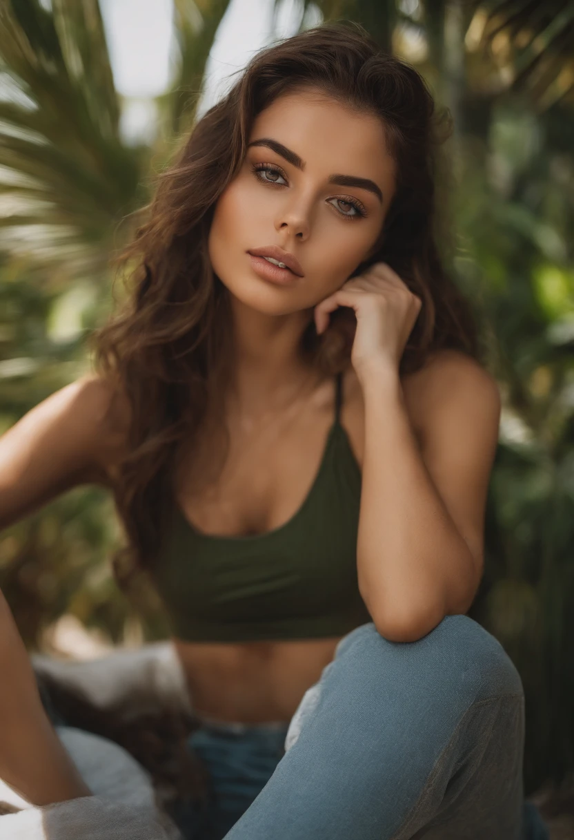 arafed woman with a white tank top and a necklace, sexy girl with green eyes, portrait sophie mudd, brown hair and large eyes, selfie of a young woman, bedroom eyes, violet myers, without makeup, natural makeup, looking directly at the camera, face with artgram, subtle makeup, stunning full body shot, piercing green eyes, arafed woman with tattoos on her body sitting on the beach, instagram model, violet myers, profile image, posing on a beach with the ocean, sexy girl, 20-year-old woman from cuba, alana fletcher, bikini model, posing on the beach, alexa65, alexa 65, profile pic, gorgeous woman, demi rose