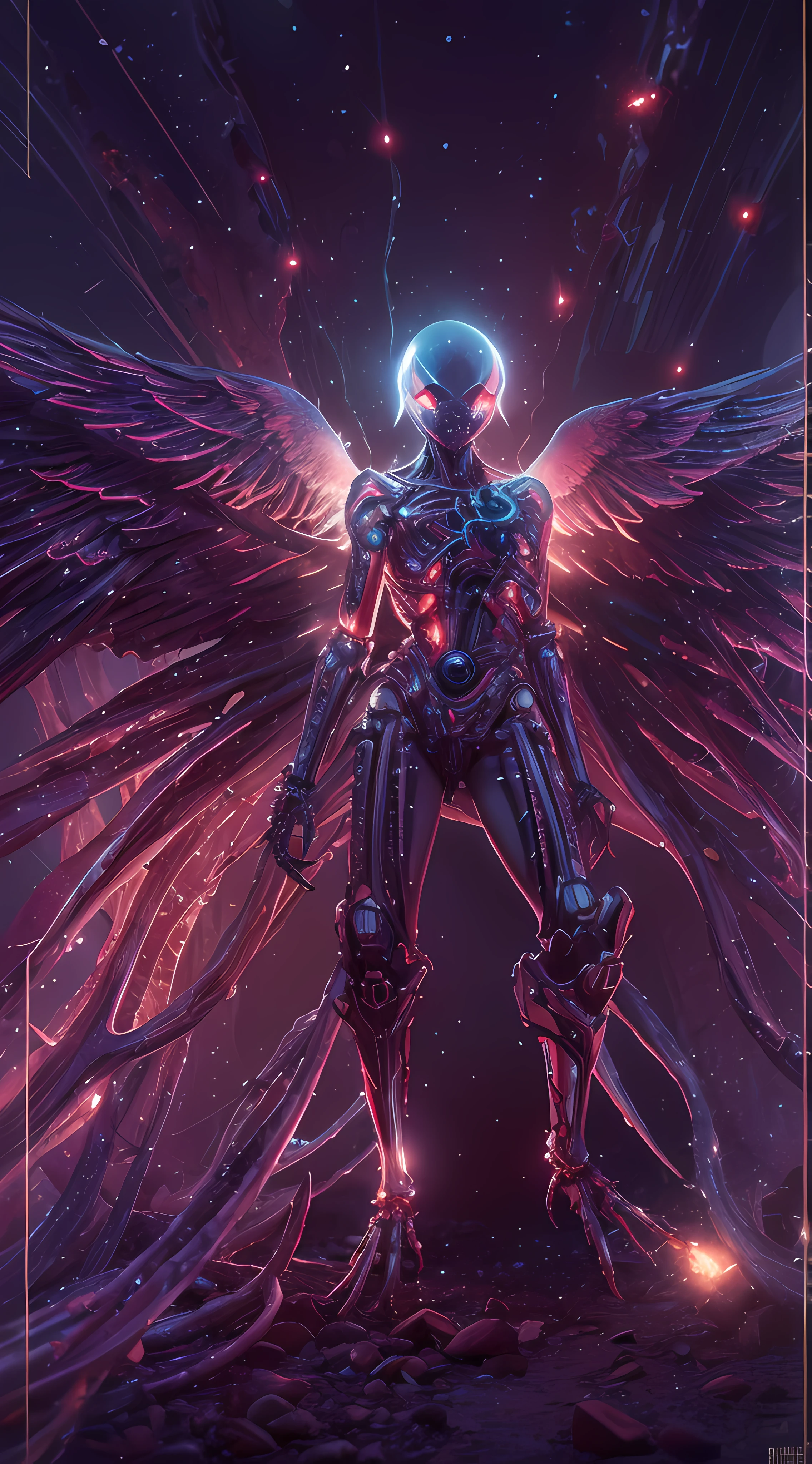 Cosmic Fallen Angel, glowing light eyes, Biomechanical, eerie, Creepy, nightmarish, Very bright colors, Light particles, with light glowing, Mshiff, wallpaper art, UHD wallpaper