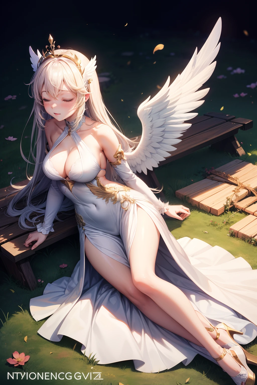 There is a woman lying on a bench with wings on her head,Sleep with your eyes closed、 beautiful alluring anime woman, Beautiful anime girl, Seductive Anime Girl, anime goddess, Trending on CGSTATION, Beautiful Angel, artwork in the style of guweiz, guweiz, full - body majestic angel, Cute anime waifu in a nice dress, beautiful anime woman, charming anime girls,Angel's Rest