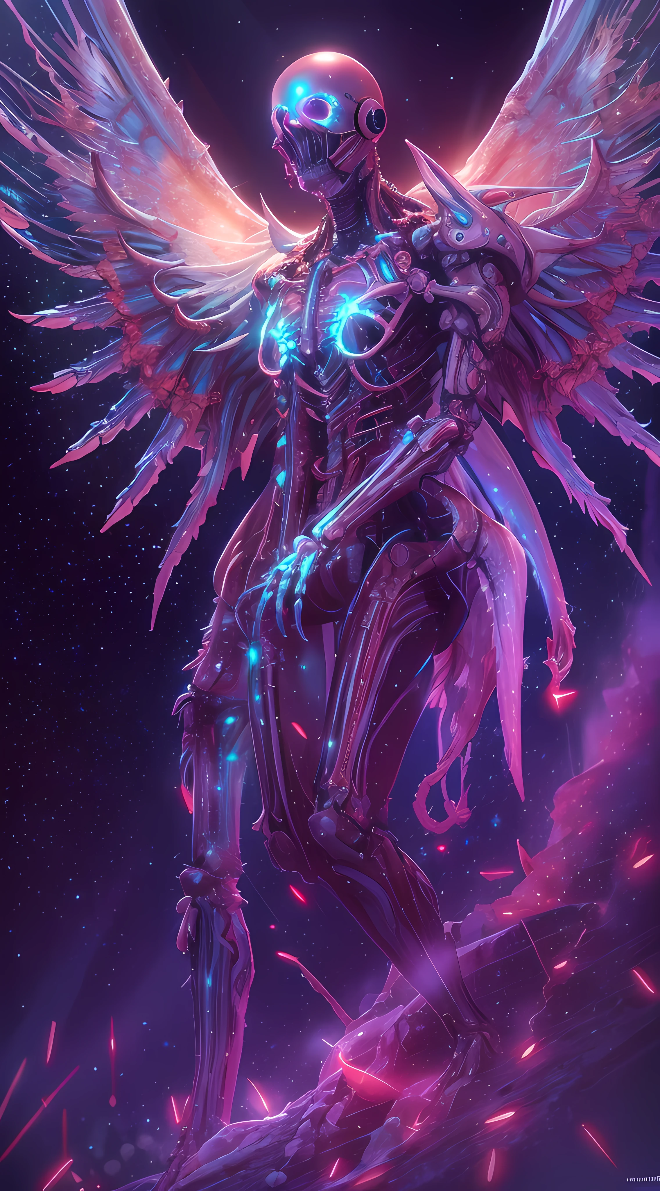 Cosmic Fallen Angel, glowing light eyes, Biomechanical, eerie, Creepy, nightmarish, Very bright colors, Light particles, with light glowing, Mshiff, wallpaper art, UHD wallpaper