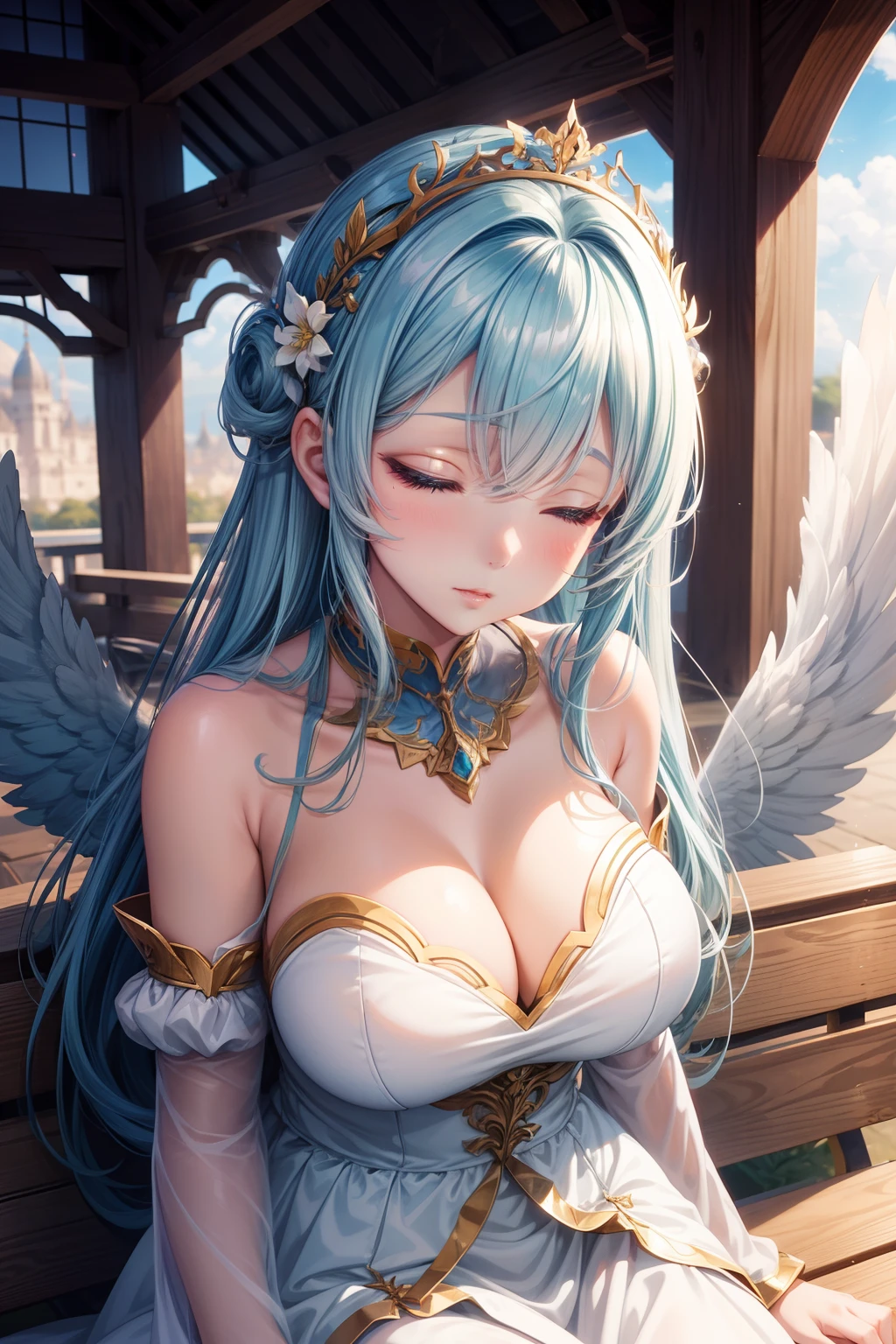 (There is a woman lying on a bench with wings on her head),Sleep with your eyes closed、 beautiful alluring anime woman, Beautiful anime girl, Seductive Anime Girl, anime goddess, Trending on CGSTATION, Beautiful Angel, artwork in the style of guweiz, guweiz, full - body majestic angel, Cute anime waifu in a nice dress, beautiful anime woman, charming anime girls,Angel's Rest
