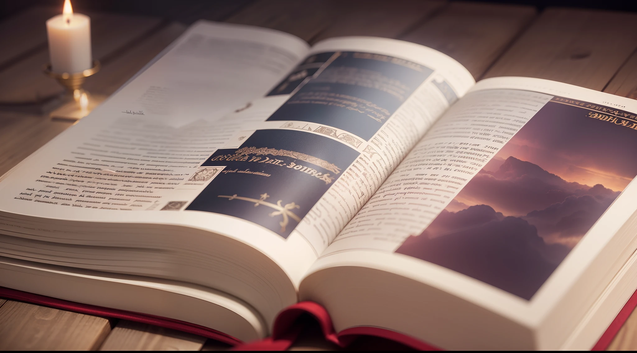 photo of an open Bible, posicionada no centro da imagem, com velas acesas colocadas ao redor dela. On top of the Bible, Add a coat of arms or emblem that conveys a sense of serenity and spirituality. Make sure the lighting highlights the detailed features of the Bible, of the candles and the coat of arms, creating an atmosphere of reverence and tranquility. The colors should be soft and the composition should evoke a feeling of peace and spiritual reflection."