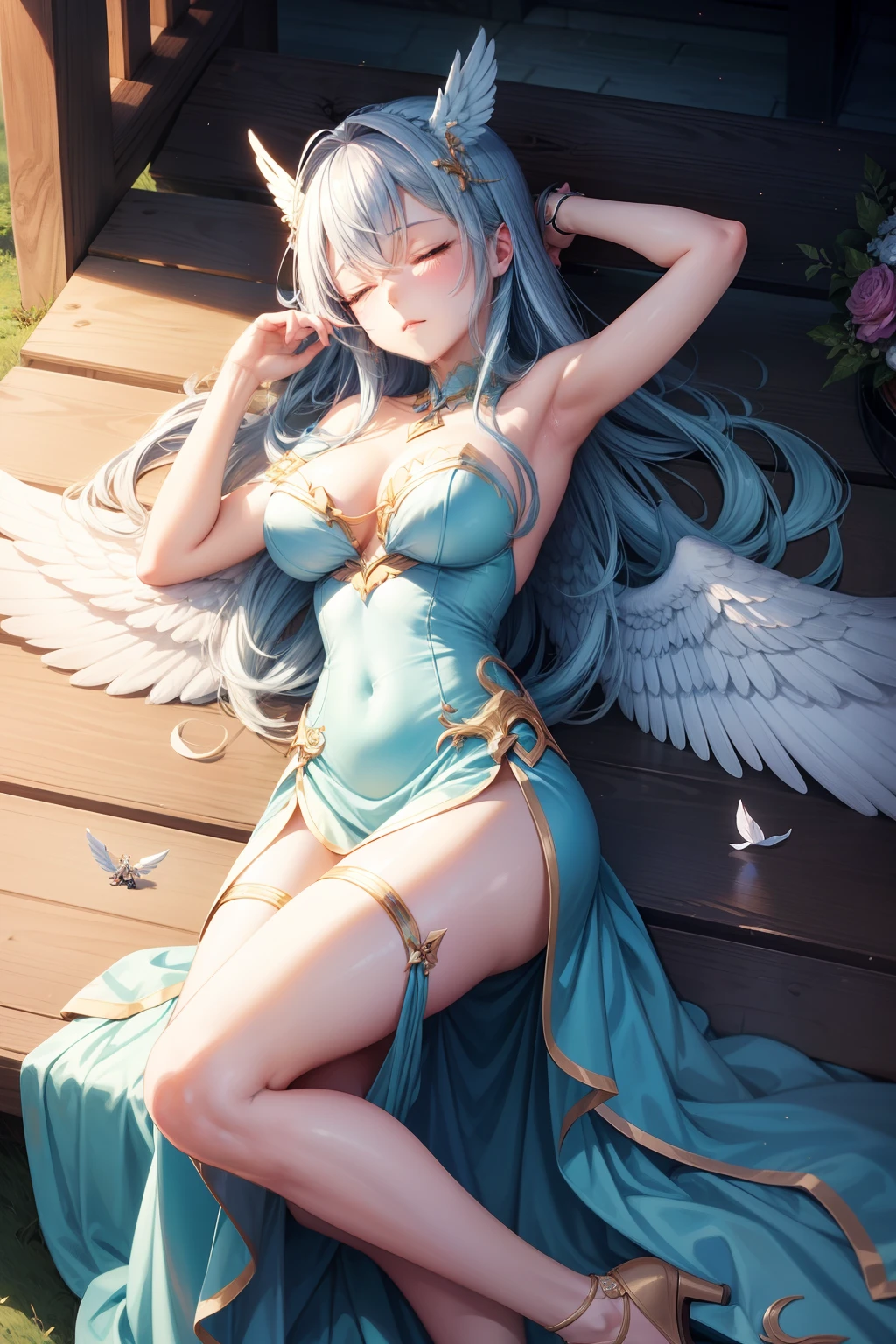 There is a woman lying on a bench with wings on her head,Sleep with your eyes closed、 beautiful alluring anime woman, Beautiful anime girl, Seductive Anime Girl, anime goddess, Trending on CGSTATION, Beautiful Angel, artwork in the style of guweiz, guweiz, full - body majestic angel, Cute anime waifu in a nice dress, beautiful anime woman, charming anime girls,Angel's Rest