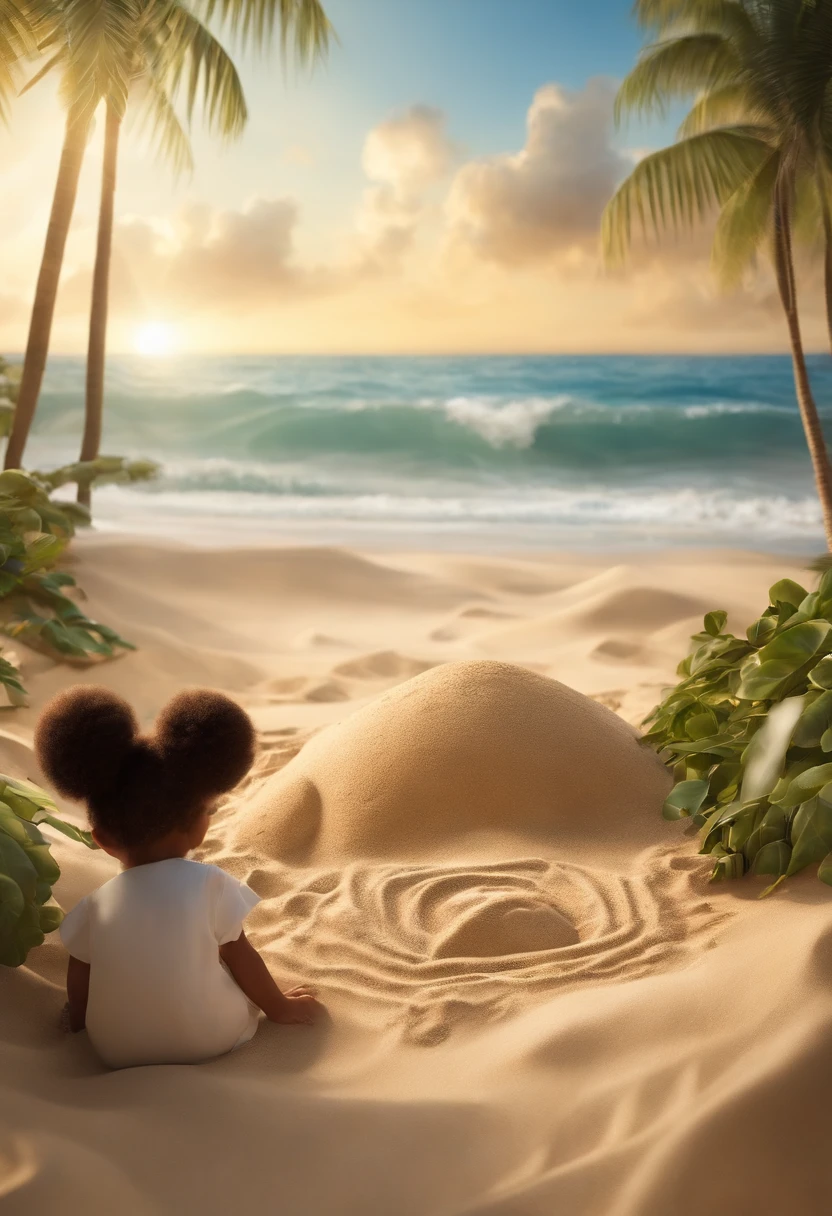 "Develop an animation scene with the theme 'Entering God's Rest', onde um , vestindo roupa social, Build a sand castle on the beach. Explore Disney's animation style, garantindo uma profundidade de campo impressionante, High natural light and rays of sunshine following through the clouds. Use hyper-realistic character rendering in 8K, inspirados em obras de mestres, with super-fine details and meticulous attention to bare feet, denim suspenders and even detailed pubic hair. Make sure that the anatomy of the characters is correct and that the eyes have a sharp focus, enquanto cria um efeito bokeh encantador. Carefully describe the facial features of the characters to capture the magic of Disney.”