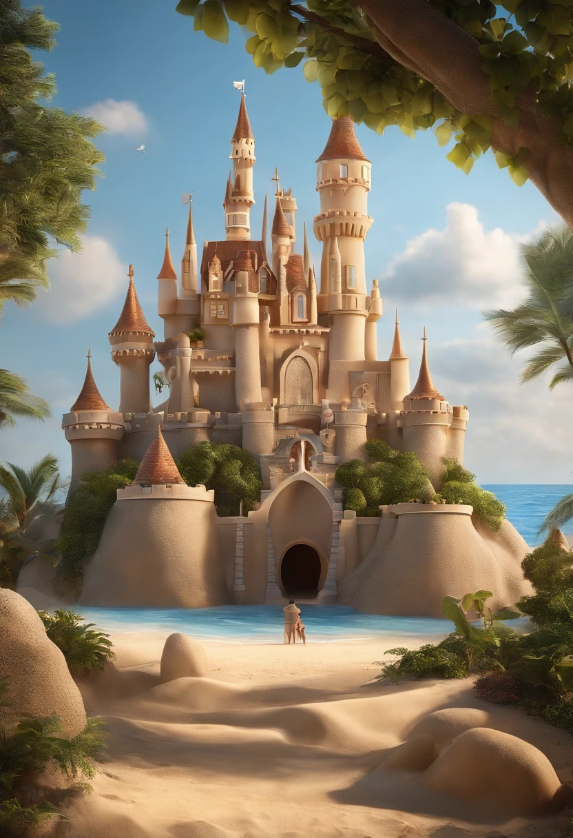 "Develop an animation scene with the theme 'Entering God's Rest', onde um menino, vestindo roupa social, Build a sand castle on the beach. Explore Disney's animation style, garantindo uma profundidade de campo impressionante, High natural light and rays of sunshine following through the clouds. Use hyper-realistic character rendering in 8K, inspirados em obras de mestres, with super-fine details and meticulous attention to bare feet, denim suspenders and even detailed pubic hair. Make sure that the anatomy of the characters is correct and that the eyes have a sharp focus, enquanto cria um efeito bokeh encantador. Carefully describe the facial features of the characters to capture the magic of Disney.”