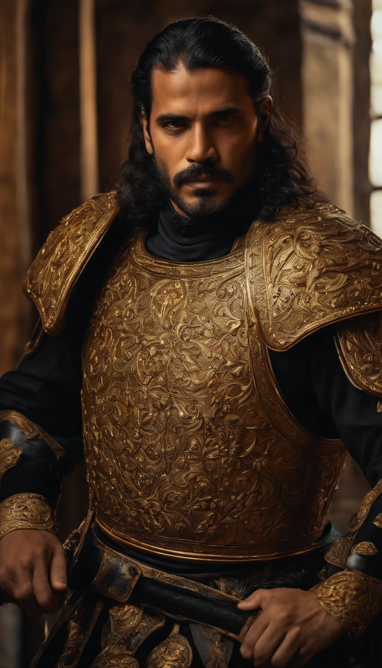Guerrero espartano, peleando , Impresionante armadura, Armadura de oro negro, epopeya, 8k