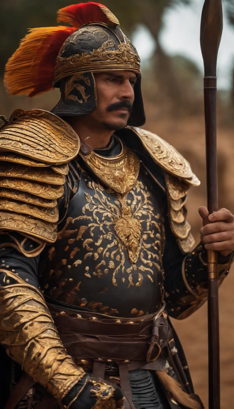 Guerrero espartano, peleando , Impresionante armadura, Armadura de oro negro, epopeya, 8k