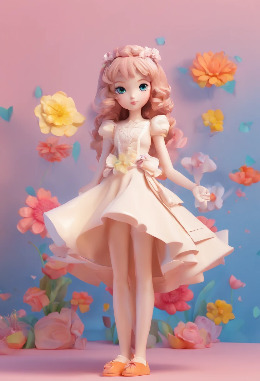 super cute girl IP by pop mart, Bright eyes, cherub,Little white dress, Clay, Models, a blind box toy, Glossy and delicate,Flower sea background, Good gloss, 3D rendering of,Best quality