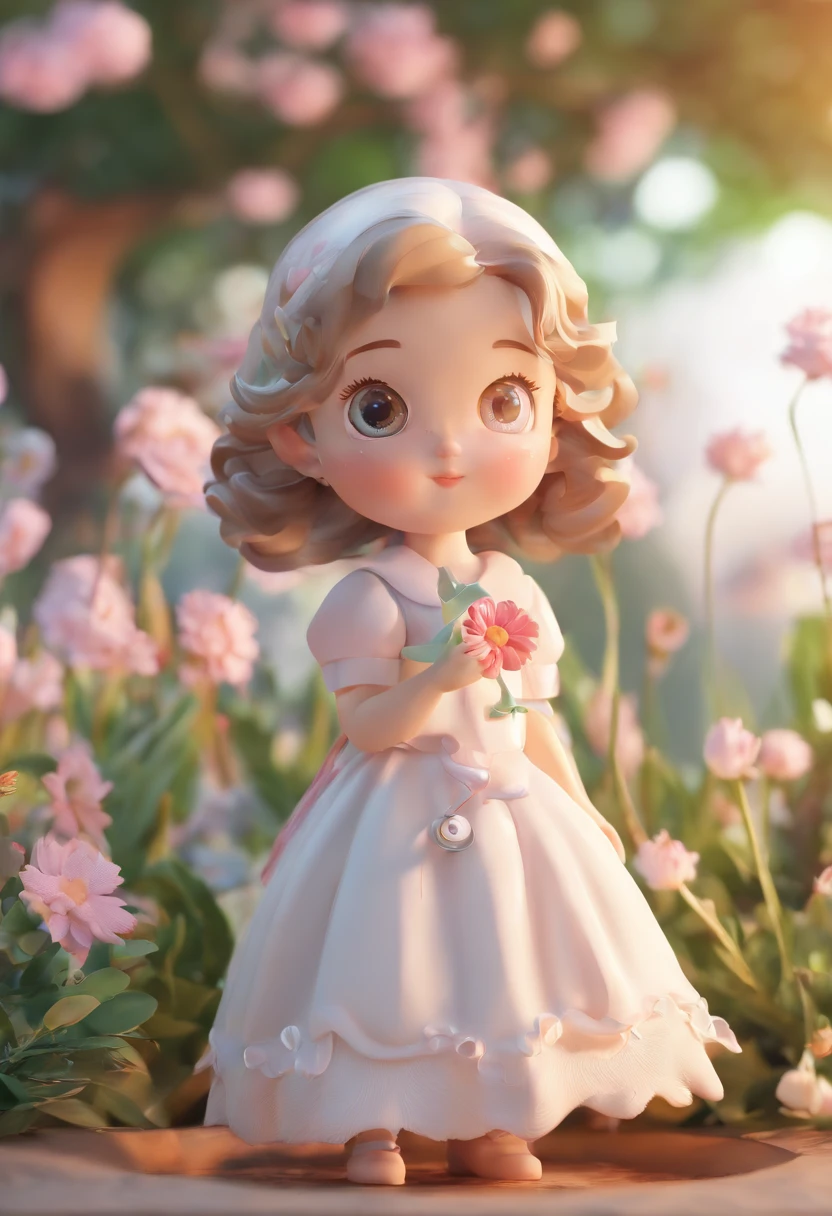 super cute girl IP by pop mart, Bright eyes, cherub,Little white dress, Clay, Models, a blind box toy, Glossy and delicate,Flower sea background, Good gloss, 3D rendering of,Best quality