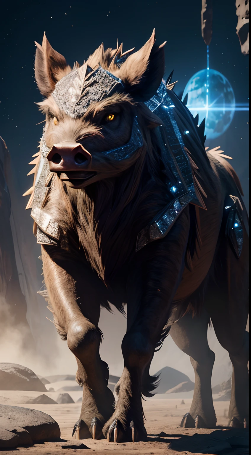 diamond creature, part of wild boar, full body, krystal planet behind, blinking, Animal Anthropomorphism, realistic digital, humanoid, abstract background, global illumination, intricate, epic, dramatic, masterpiece, high detail, best quality, ultra high res