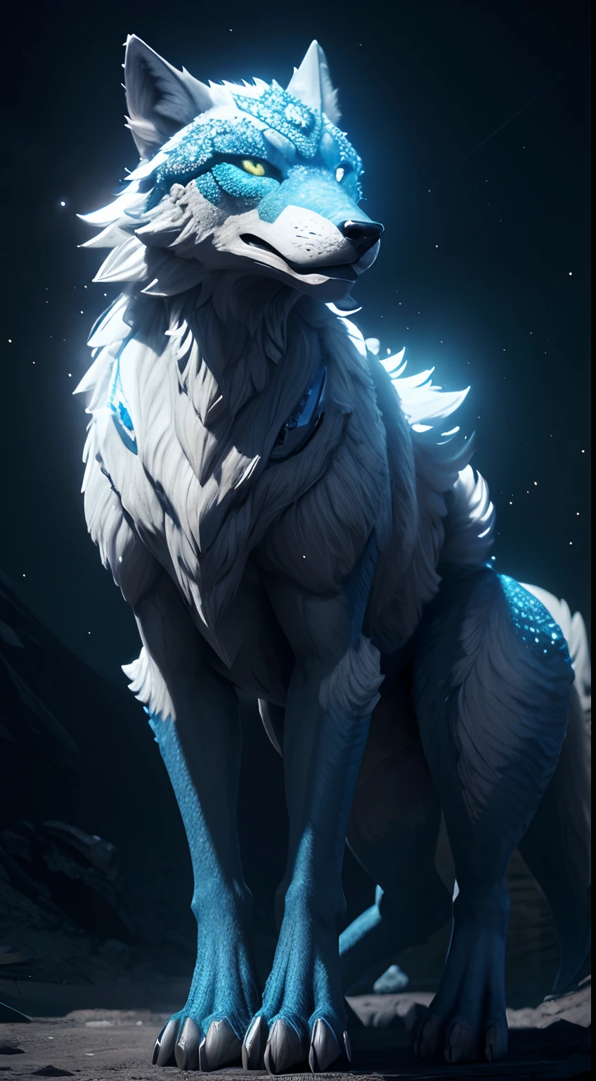 diamond creature, part of wolf , full body, krystal planet behind, blinking, Animal Anthropomorphism, realistic digital, humanoid, abstract background, global illumination, intricate, epic, dramatic, masterpiece, high detail, best quality, ultra high res