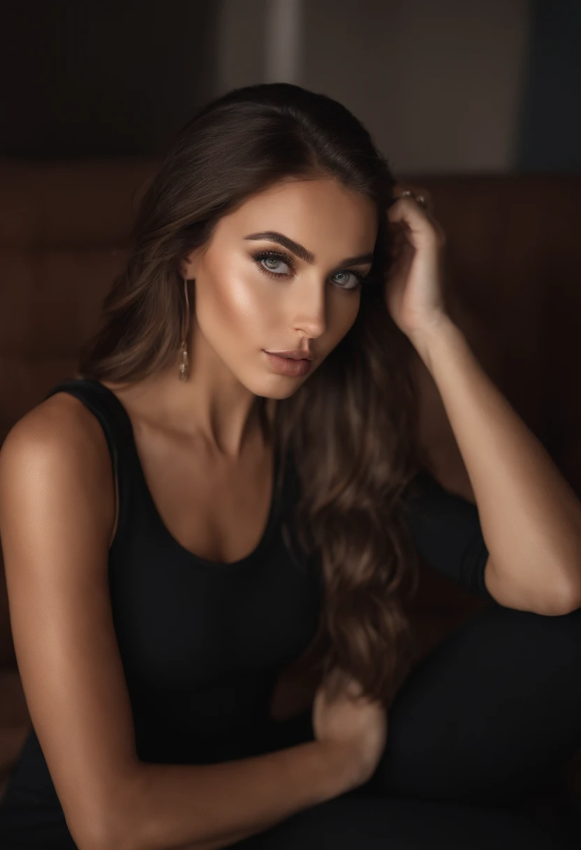 arafed woman with a white tank top and a necklace, sexy girl with green eyes, portrait sophie mudd, brown hair and large eyes, selfie of a young woman, bedroom eyes, violet myers, without makeup, natural makeup, looking directly at the camera, face with artgram, subtle makeup, stunning full body shot, piercing green eyes, araffe woman in a black dress and tights posing for a picture, black outfit, very sexy outfit, girl in a suit, sexy look, gorgeous lady, sexy outfit, olivia culpo, girl in suit, cute woman, tight outfit, stunning woman, instagram model, gorgeous woman, sexy style, dressed all in black, by Emma Andijewska