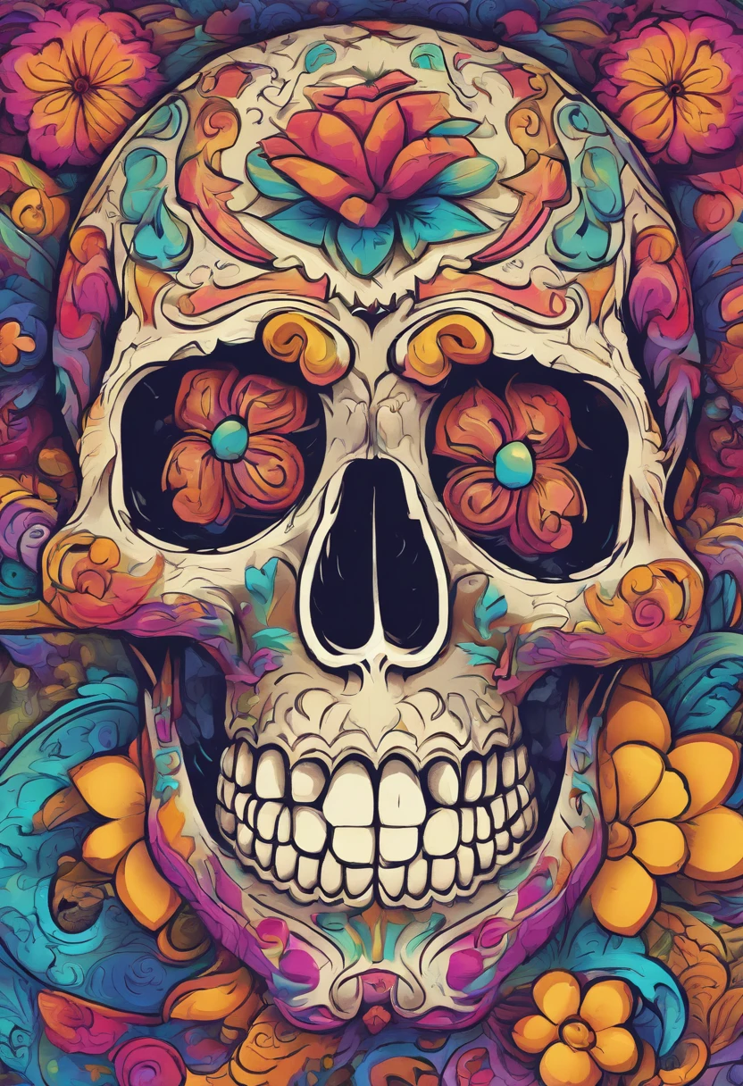 a close up of a skull with a flower on its head, fantasy skull, scary detailed art in color, scary color art in 4 k, sacred skull, conjuring psychedelic background, detailed digital artwork, calavera, sacred skulls, psychedelic illustration, sugar skull, skull face, death skull, scary art in color, skull liminal void background, psychedelic art style