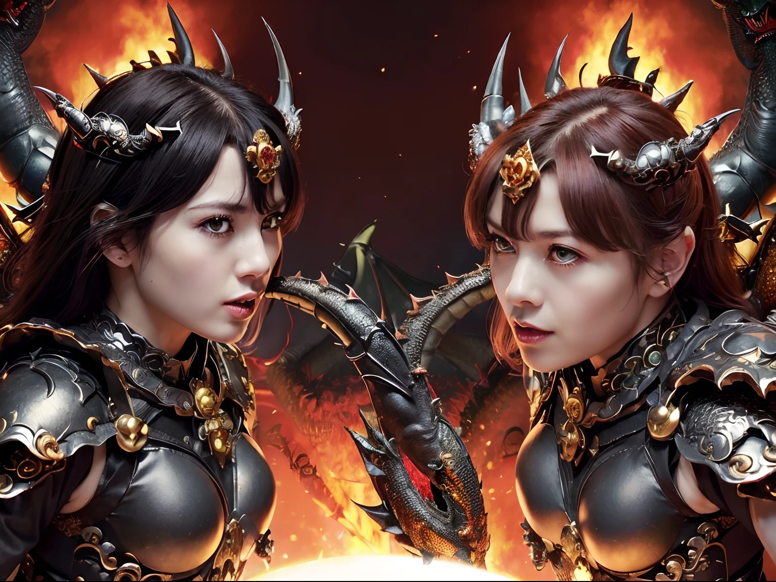 Professional , masterpiece、top-quality、photos realistic , depth of fields (Gemstone Black Metal Body:1.9),(Matte Black、(cleavage of the breast)、Dragon Gold Weapon(Dragon Metal Body:1.4),Gorgeous gold weapons ,(( Dragon's dense and gorgeous sword)) , Beautiful knife ,warhammer 40k , adepta sororitas,Detail and gorgeous crown、((Blue hair))、(Castle background)、The dragon、((Gangle's forest background))、Beautiful Caucasian beauty、(1a person)、dynamic ungle,(((Detailed and ornate Black Devil Crown)))、Smaller head、A smile、Castle background、Thin and beautiful female hands、cleavage of the breast、Soldier in iron armor on background、Mystical expression、Light Effects、intense fighting、Wind-effect、magic circles、With the legendary magic wand、(demonic wings)、