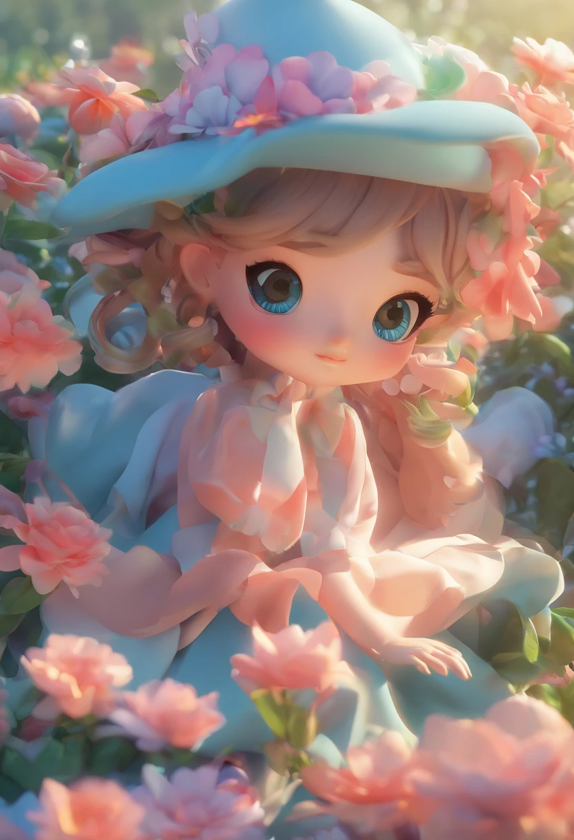 super cute girl IP by pop mart, Bright eyes, cherub,Small long skirt, Glossy and delicate,Flower sea background, Good gloss, 3D rendering of,Best quality