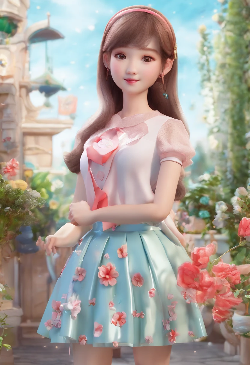 super cute girl IP by pop mart, Bright eyes, cherub,Small long skirt, Glossy and delicate,Flower sea background, Good gloss, 3D rendering of,Best quality