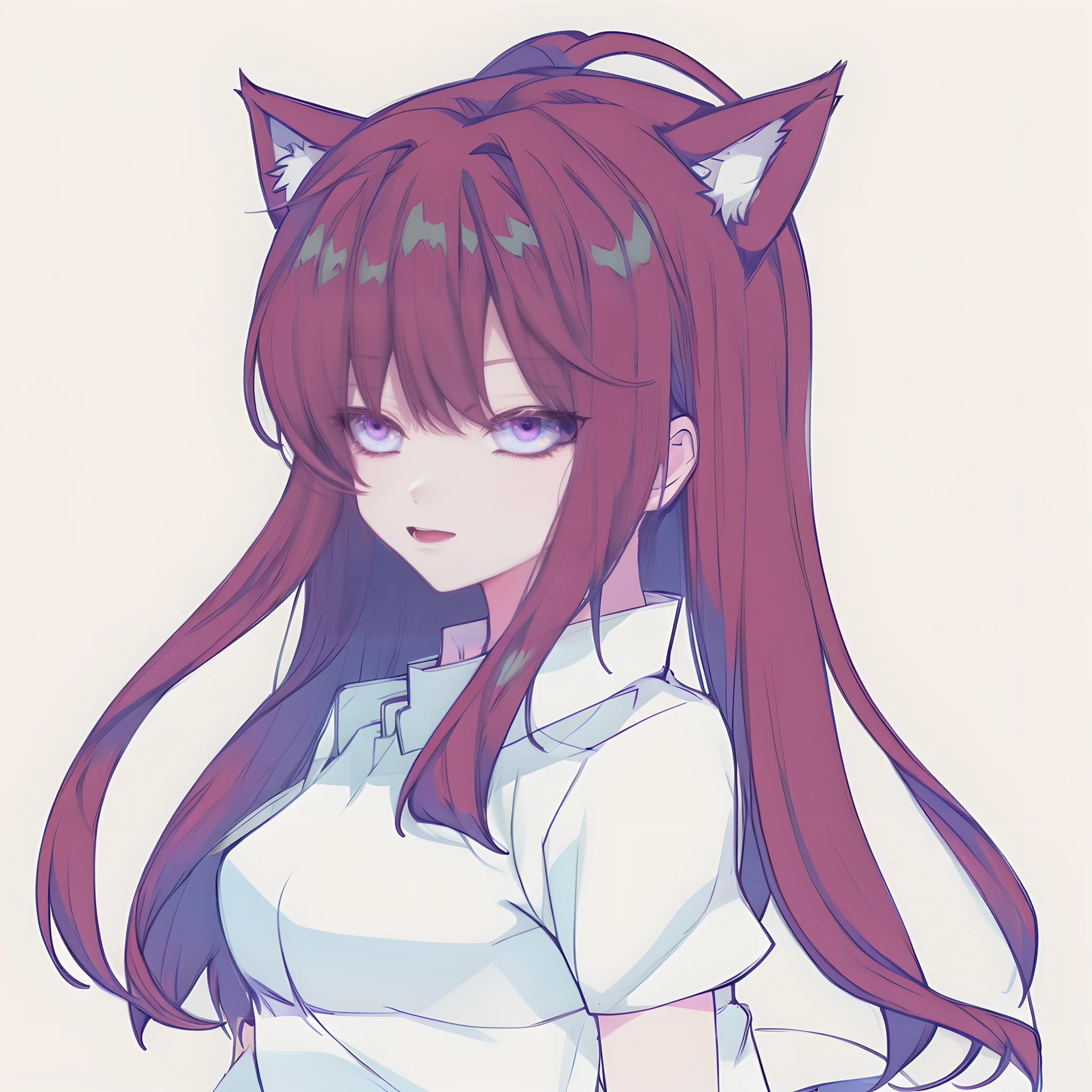 Anime girl with long purple hair and white shirt with ears, anime catgirl, flat anime style shading, Flat anime style, Anime moe art style, anime girl with cat ears, nekomimi, cute anime catgirl, White Cat Girl, Cat woman, beautiful anime catgirl, Cat girl, Holo is a wolf girl, Very beautiful anime cat girl, holograph,The clothes are brown,Hands drooping