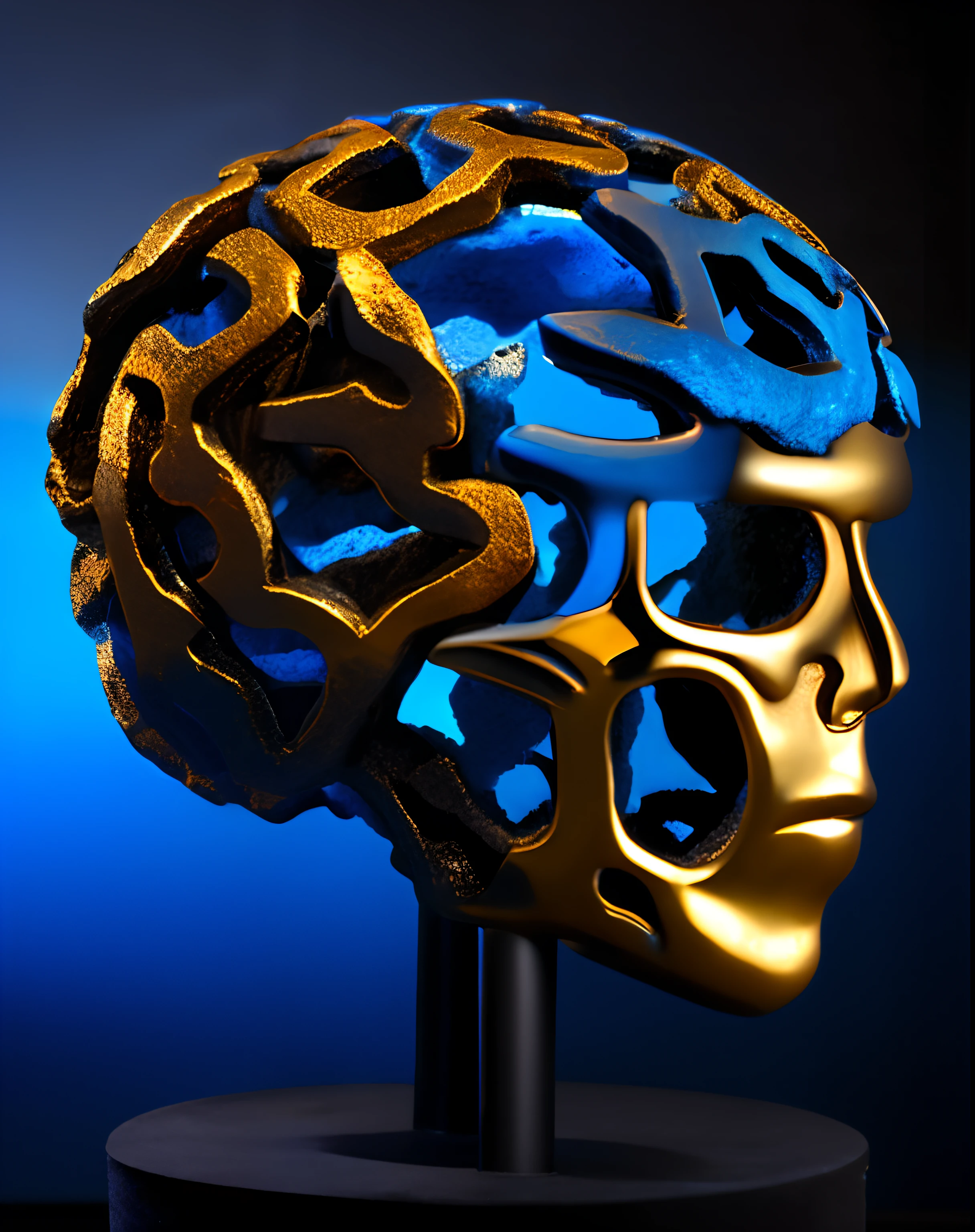 Cerebro mecanico detalhes em prata e ouro metal, por mjart, colocado na rocha de lava preta, fundo com caverna azul ambiente