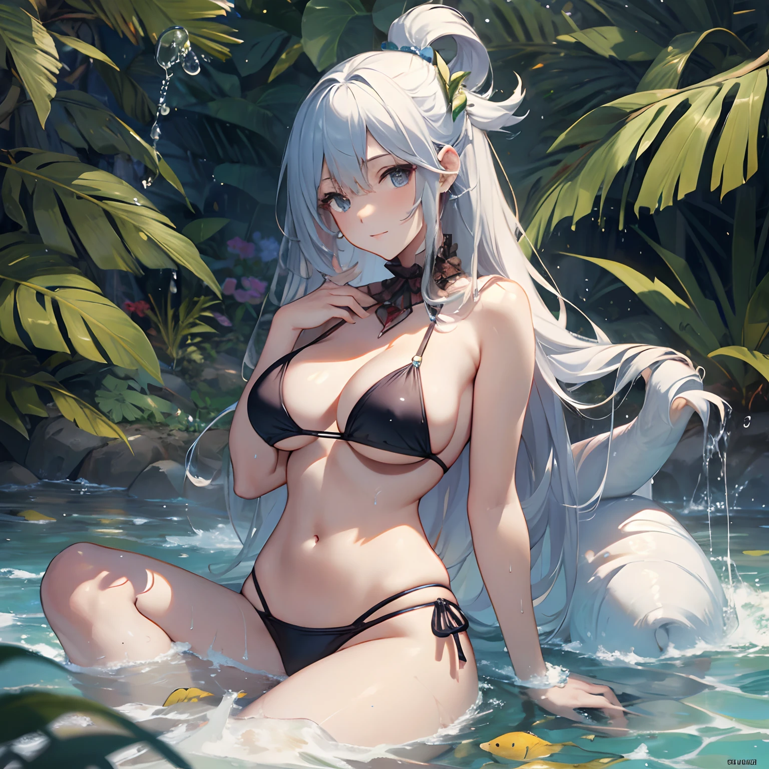 ​masterpiece, 4K, Top Quality Elves　bathing in water　　a large amount of water droplets　perspiring　　Longhaire　a beauty girl　huge tit　The bikini　　　Beautiful beach　A sexy