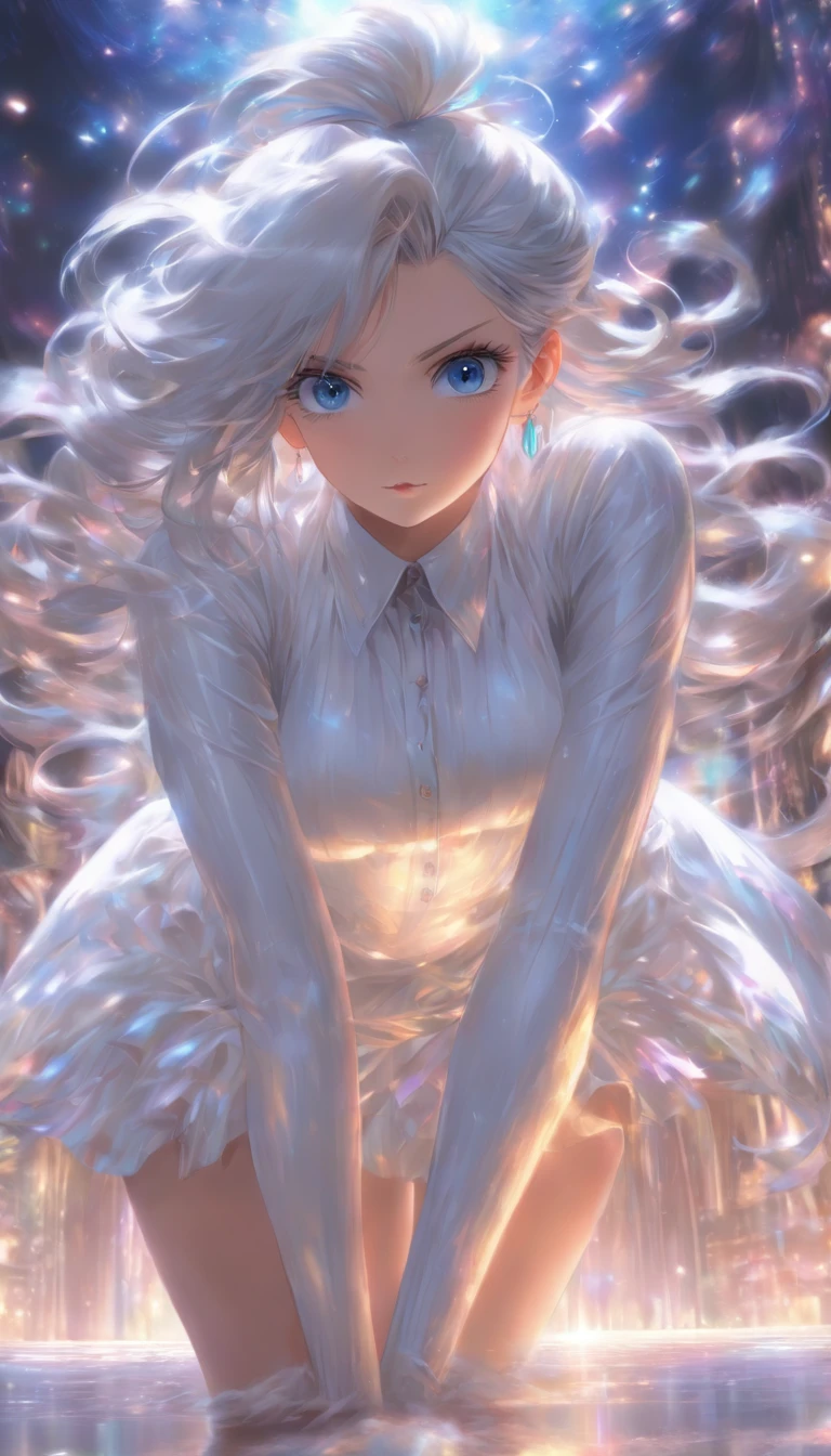 (((1 girl)),Ray tracing,(Dim lighting),[Detailed background (Living room)),((Silver hair)),(Silver hair)),((Fluffy silver hair, plump and slender girl)) with high ponytail))) Avoid golden eyes in the ominous living room ((((Girl wearing white opaque shirt, Black pleated skirt,Black transparent stockings), showing a delicate and slender figure and graceful curves, Correct limbs, Hands behind the head, Hands behind the head, Hands behind the head , Eye details, Beautiful eyes, Delicate eyes, Blue eyes