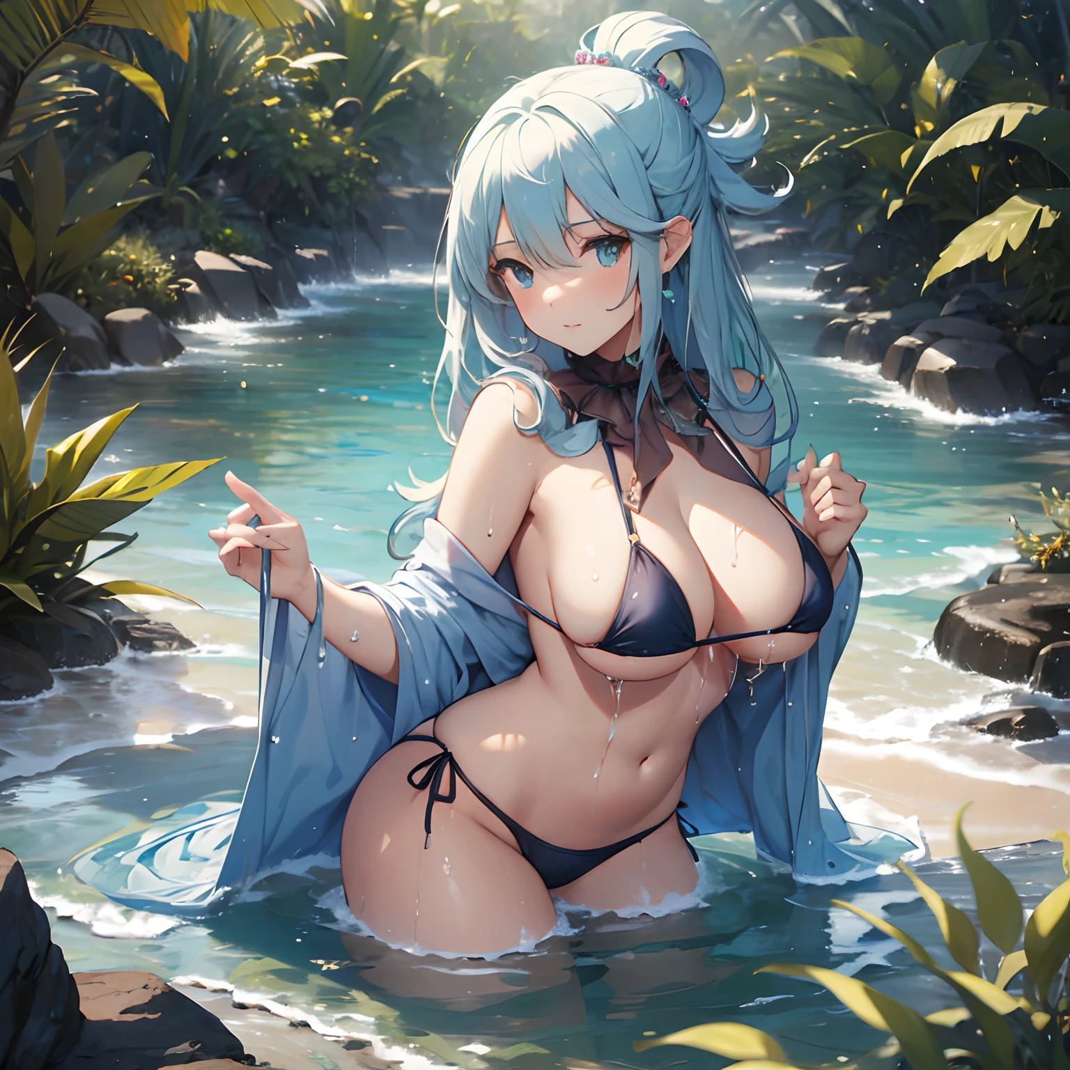 ​masterpiece, 4K, Top Quality Elves　bathing in water　　a large amount of water droplets　perspiring　　Longhaire　a beauty girl　huge tit　The bikini　　　Beautiful beach　A sexy