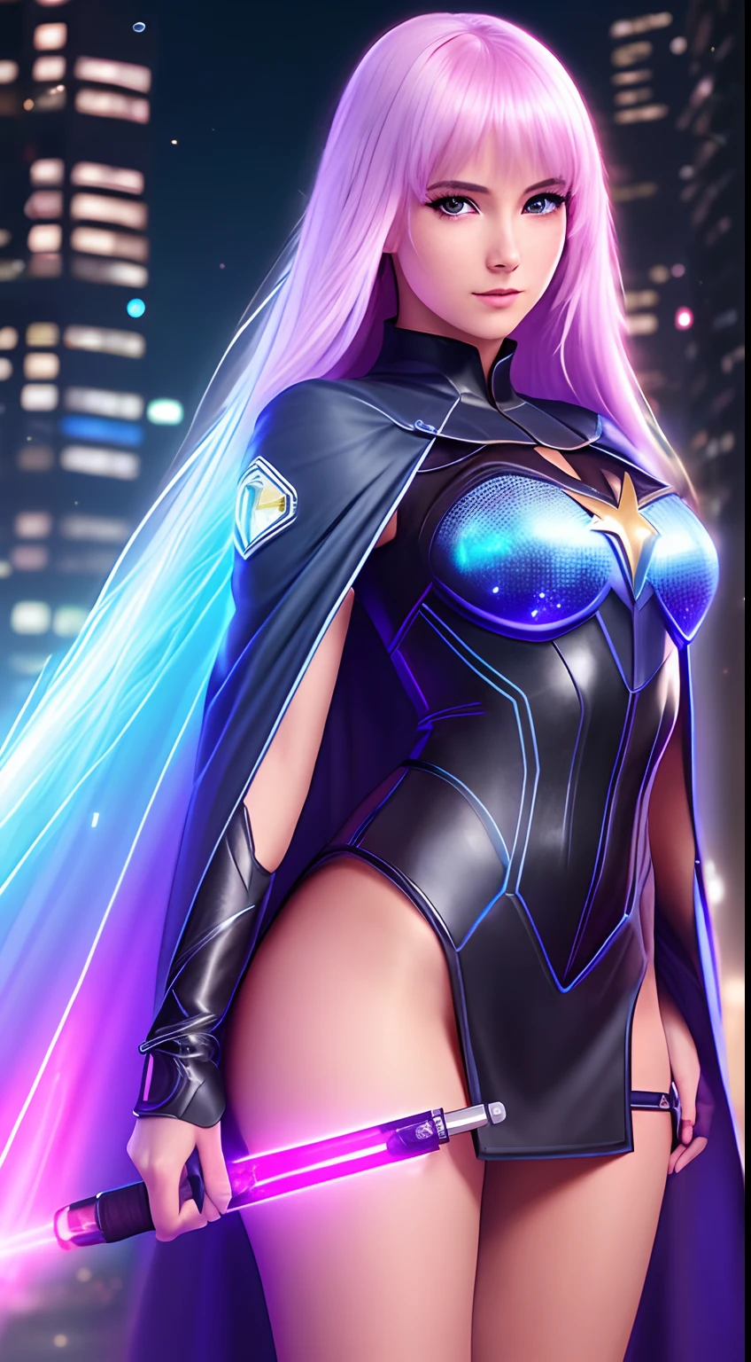 (Best Quality,4K,8K,hight resolution,masutepiece:1.2),Ultra-detailed,(Realistic,Photorealistic,Photorealsitic:1.37),super girl,Anime,Detailed,Mysterious powers,Colorful,Bright lighting,Ethereal Atmosphere,Vibrant colors,Expressive eyes,Flowing hair,Strong and confident attitude,magical aura,futuristic city street,neon light,glowing symbols,laser beam,Sparkling energy,Transparent Cape, Long cape