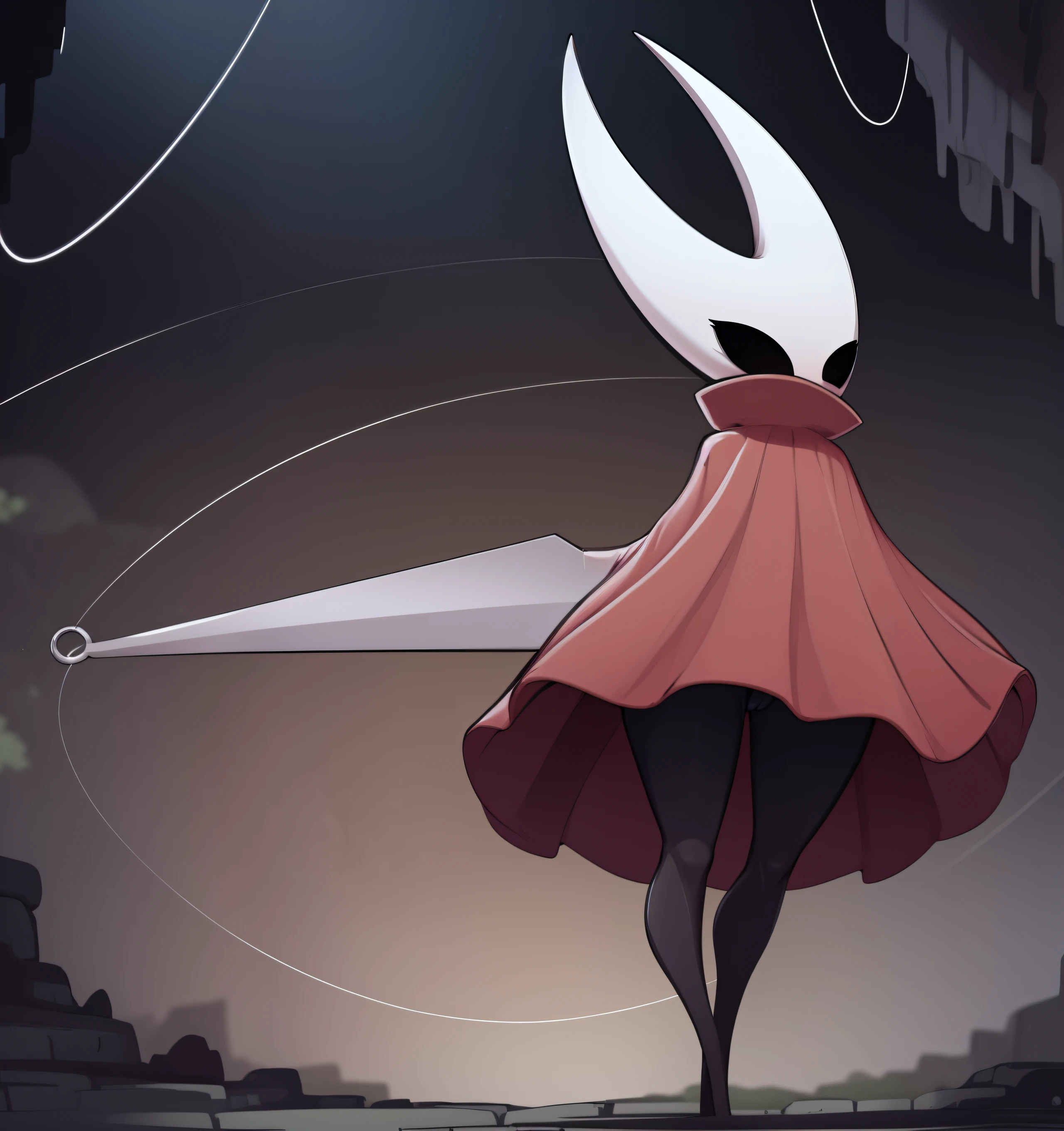 hornet, cute, chibi, no feet, furry female, anthro, needle weapon, thread, standing, solo, red cloak, (best quality), (detailed dark cave background:1.2), looking at viewer, holding weapon, flat colors, nsfw