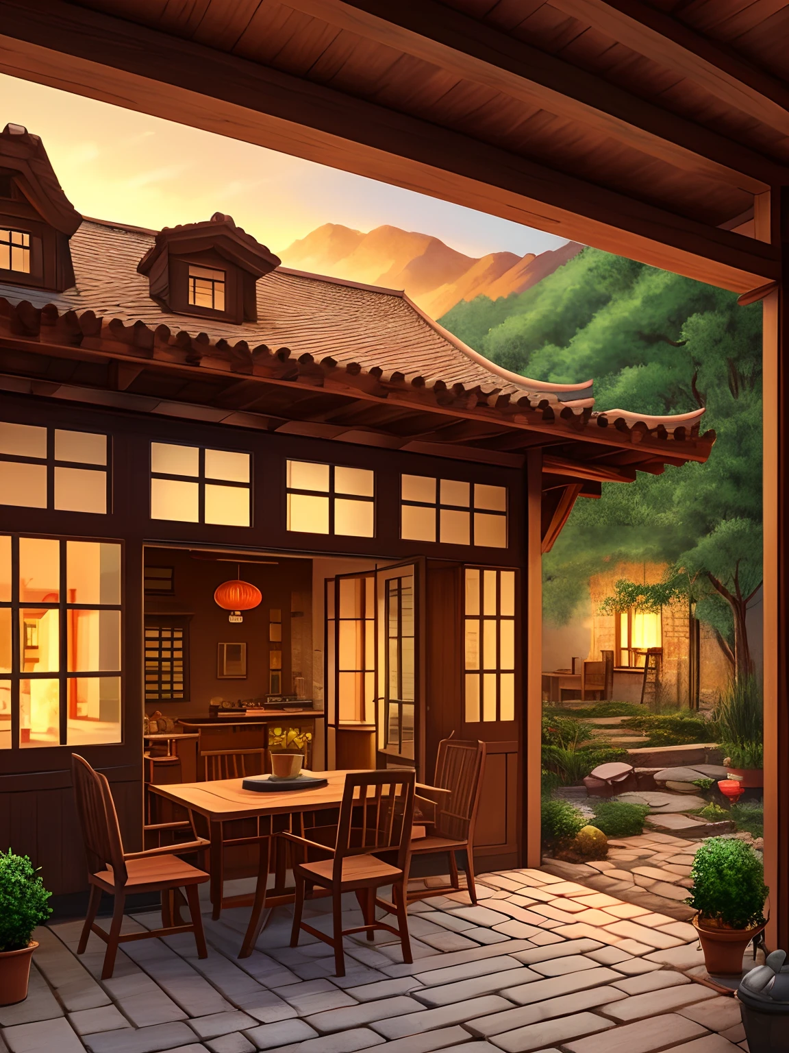 In the 80s of the 19th century, Rural China，Adobe brick house，One-story low house，There is a painting of a house with a patio and a table, Detailed scenery —width 672, immensely detailed scene, Multidimensional cozy little yard, highly detailed scenario, high detal), hyper detailed scene, high detal, realistic 3 d style，cozy place, peaceful scene，Works of masters，Anime background art，ghibli studio art
