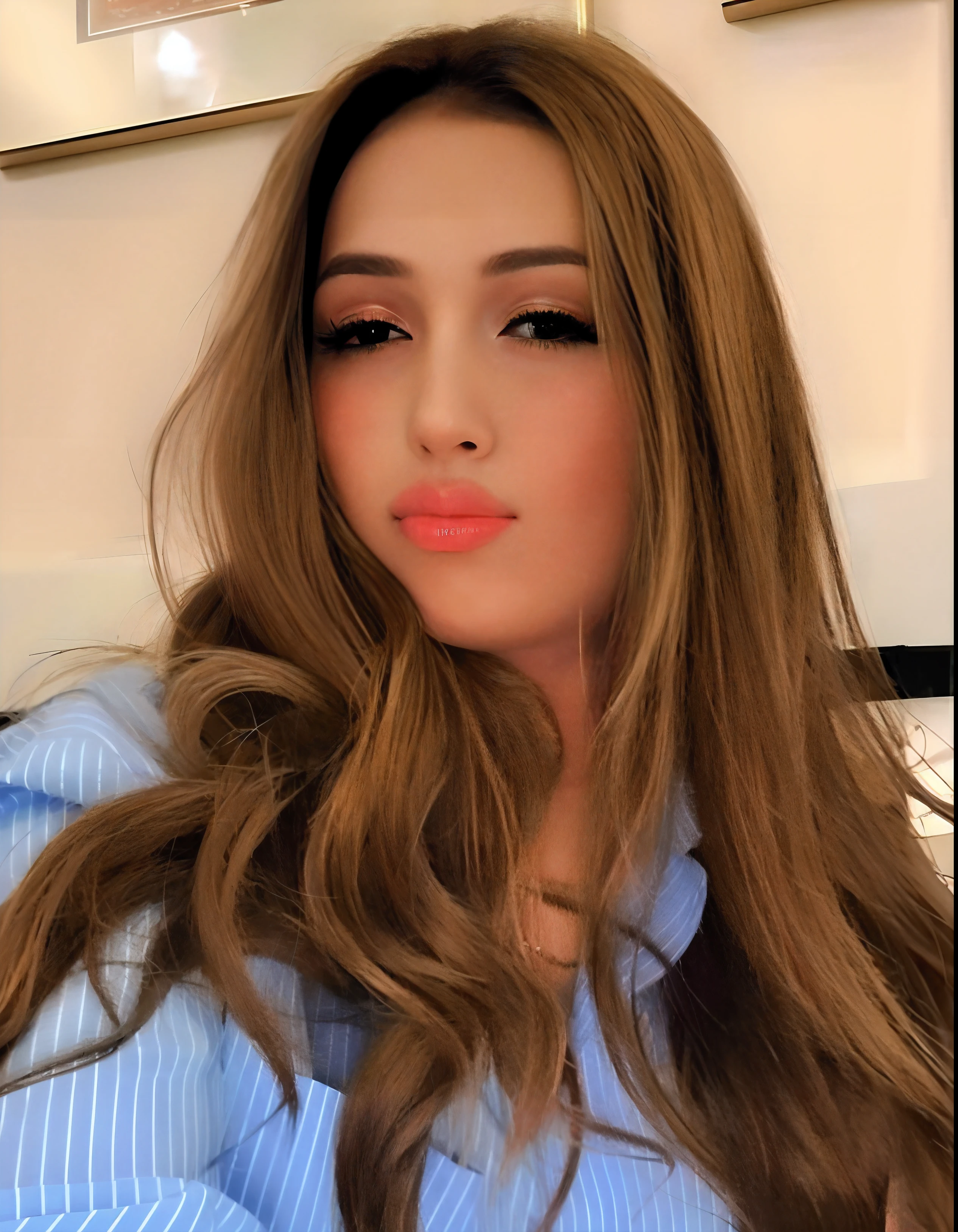 a close up of a woman with long hair wearing a blue shirt, pokimane, leaked image, 18 years old, blanca alvarez, cindy avelino, profile pic, angelawhite, 19-year-old girl, brunette with dyed blonde hair, serena malyon, with long hair and piercing eyes, 1 6 years old, girl with brown hair